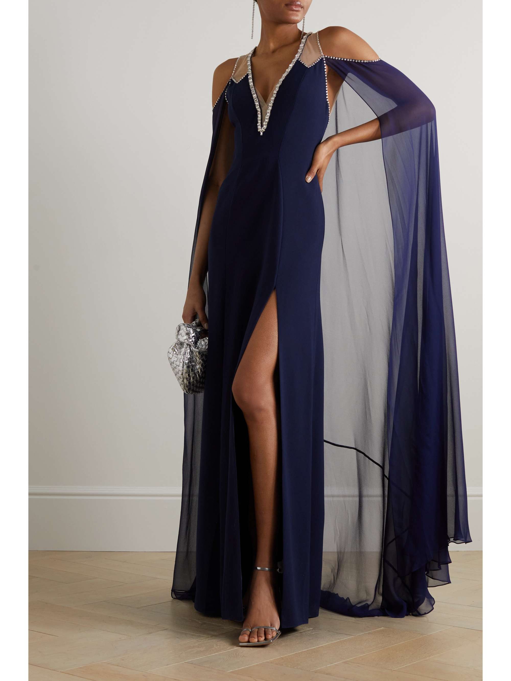 Vivien cold-shoulder cape-effect embellished crepe and chiffon gown