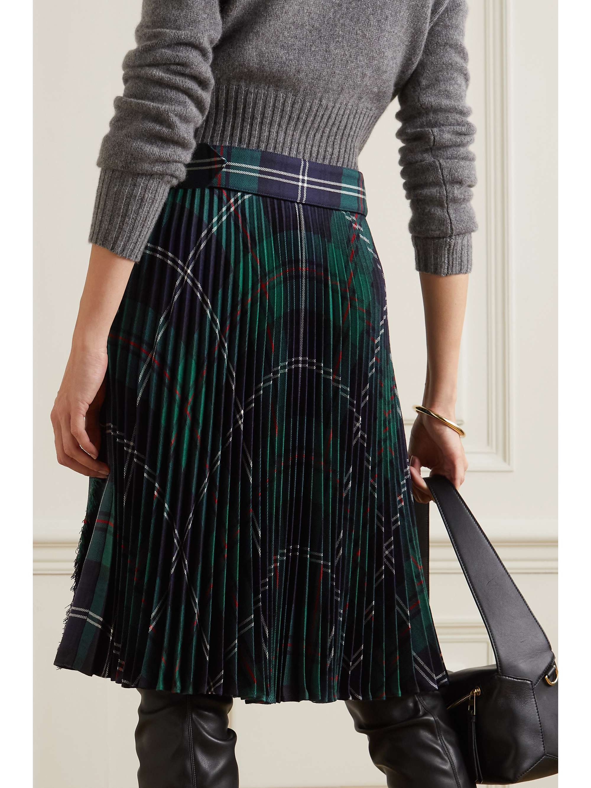 BURBERRY Belted frayed checked wool skirt