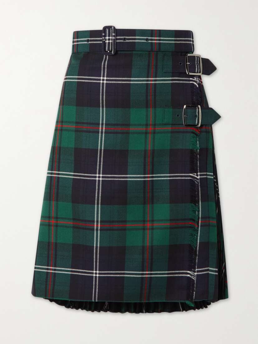 Burberry Belted Frayed Checked Wool Skirt -  - UK 14