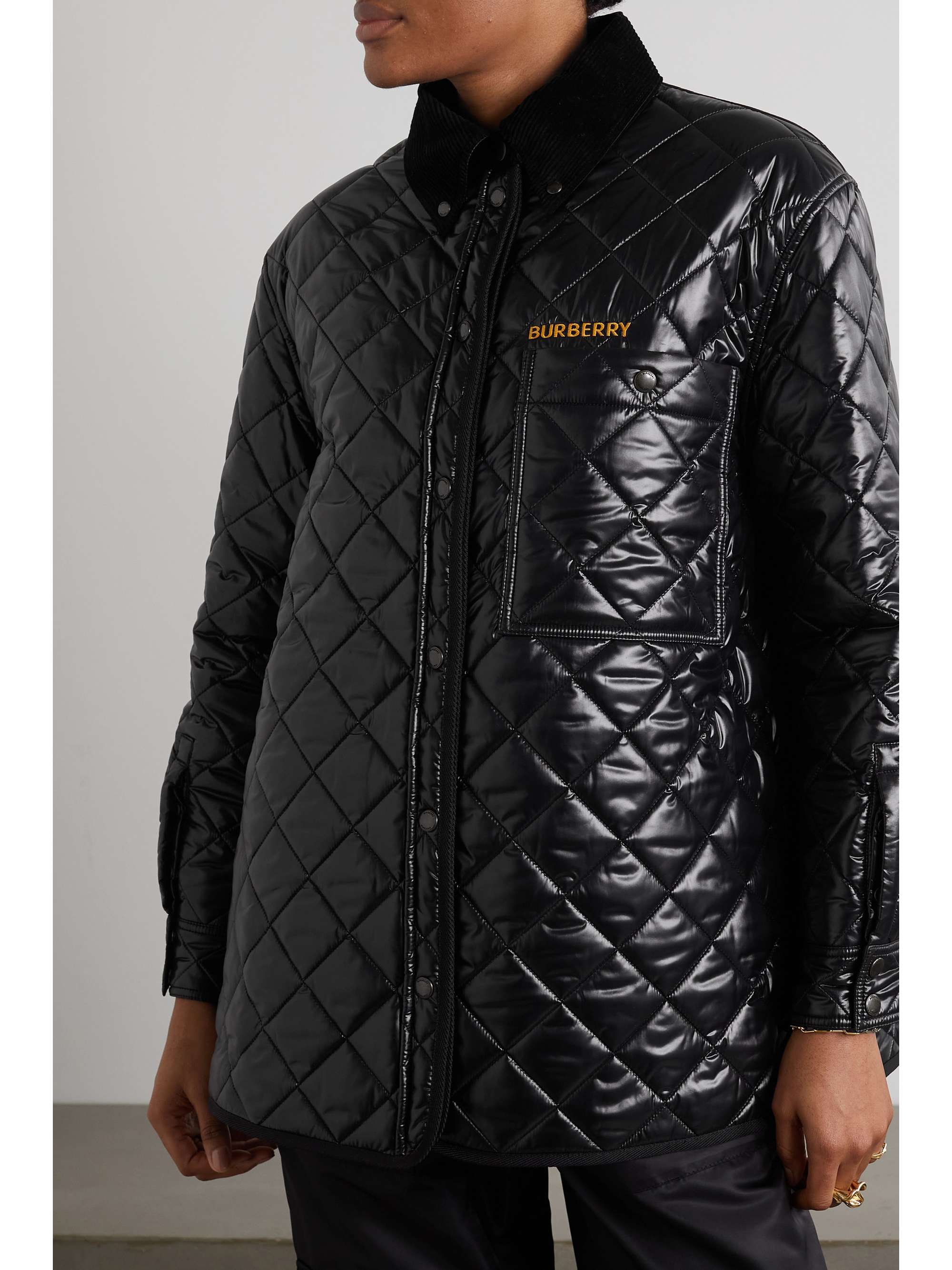 BURBERRY Cotton-corduroy and leather-trimmed quilted glossed-shell jacket