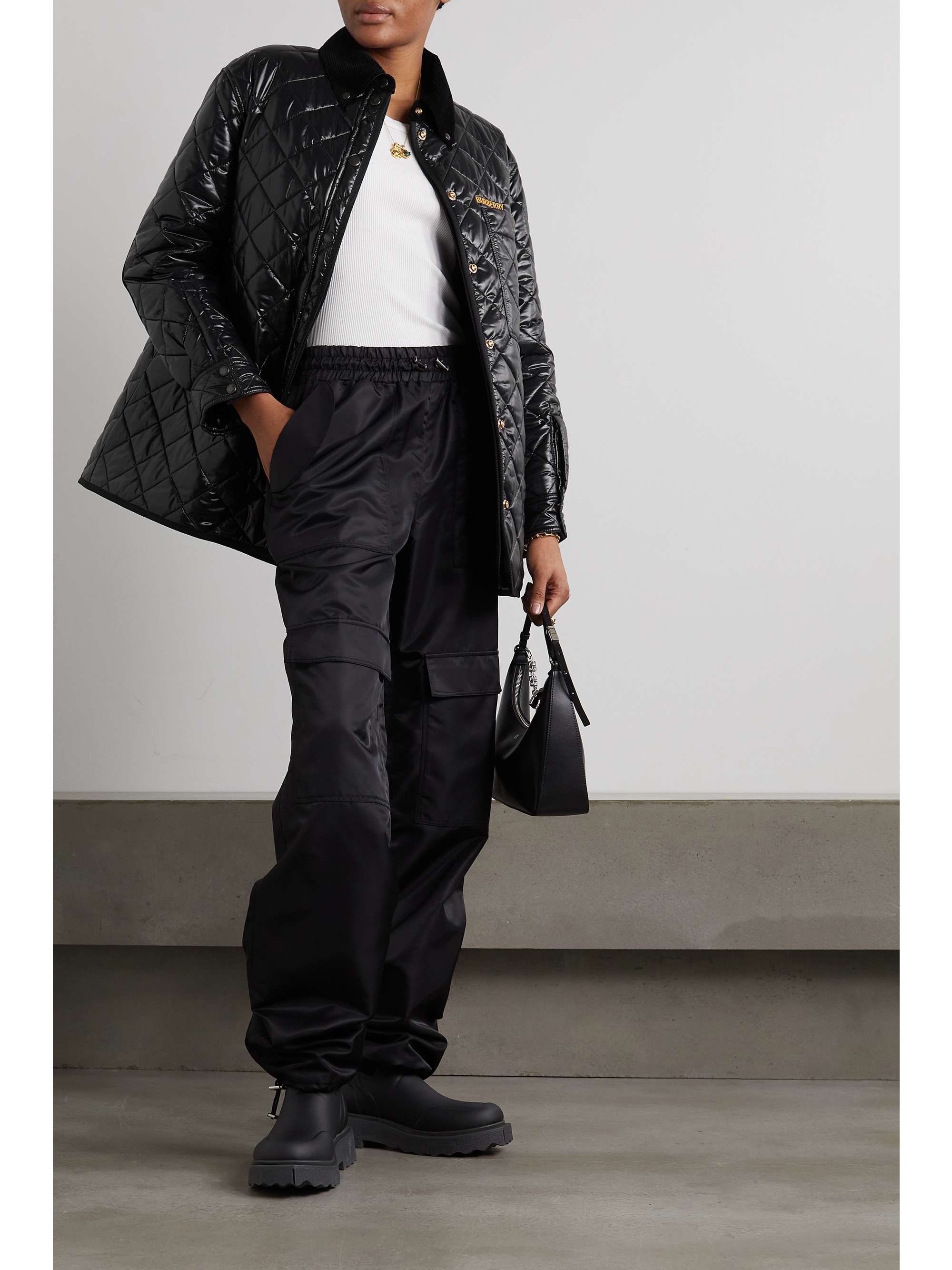 BURBERRY Cotton-corduroy and leather-trimmed quilted glossed-shell jacket