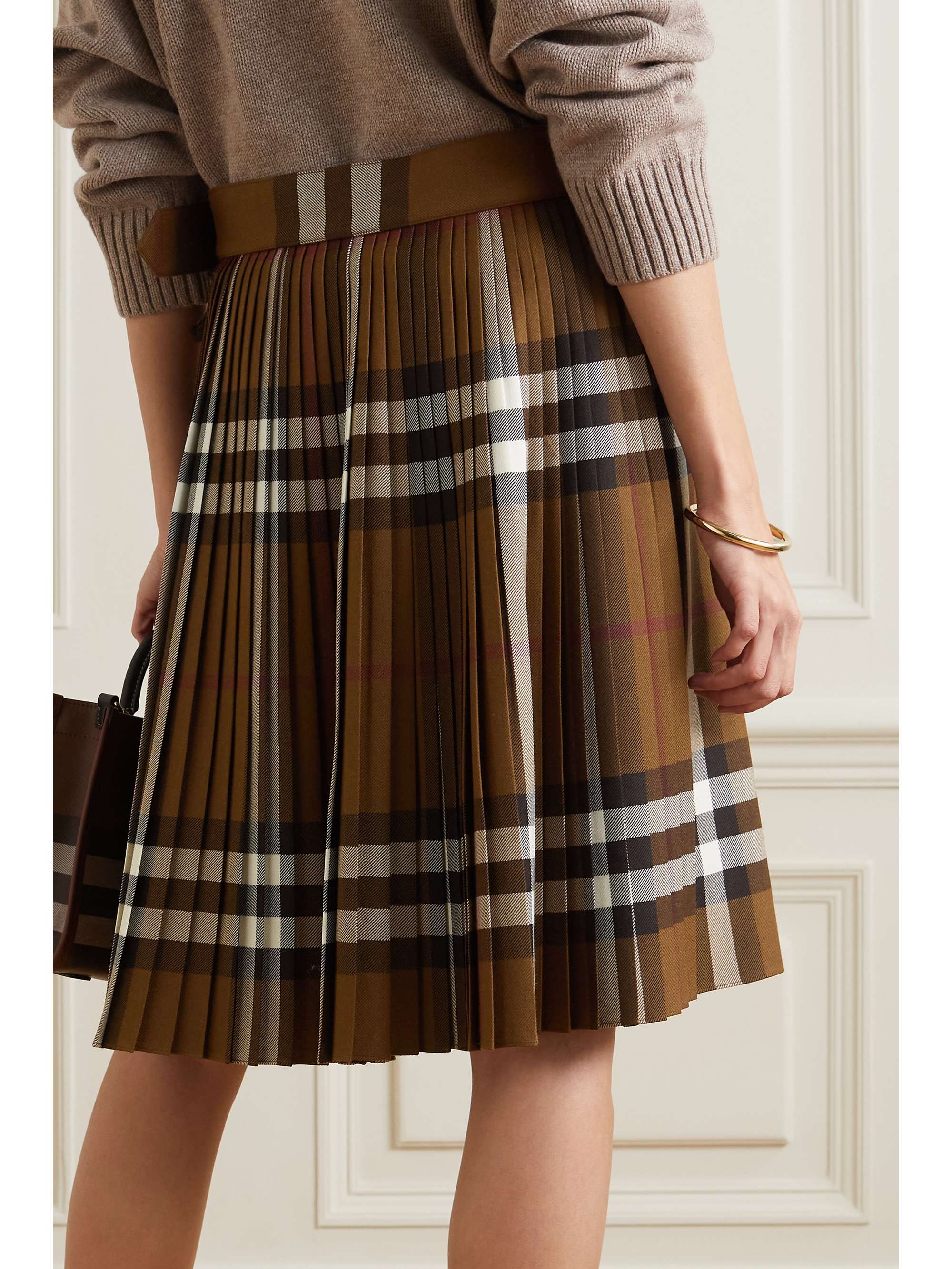 BURBERRY Belted frayed checked wool skirt NETAPORTER