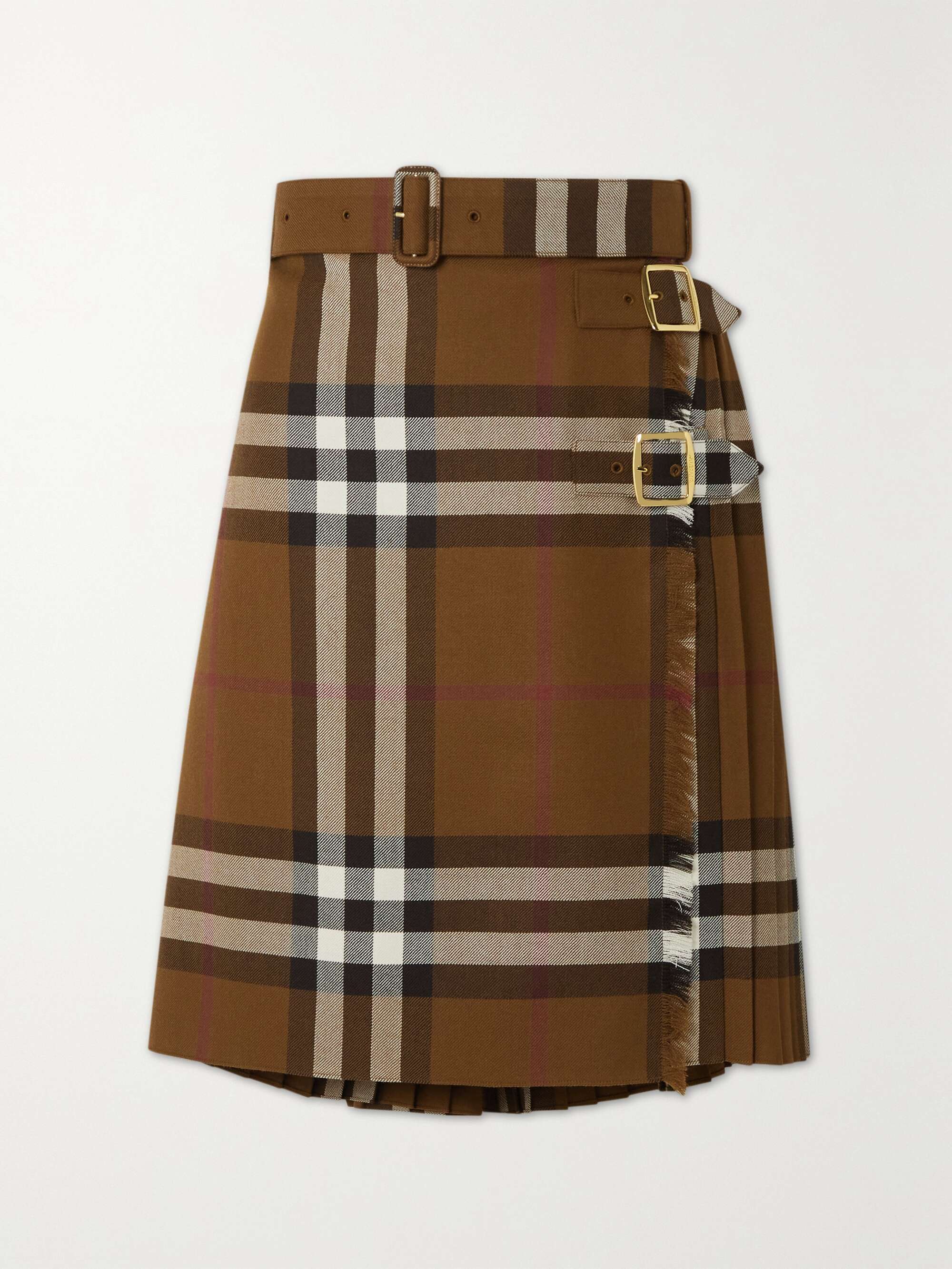 BURBERRY Belted frayed checked wool skirt NETAPORTER