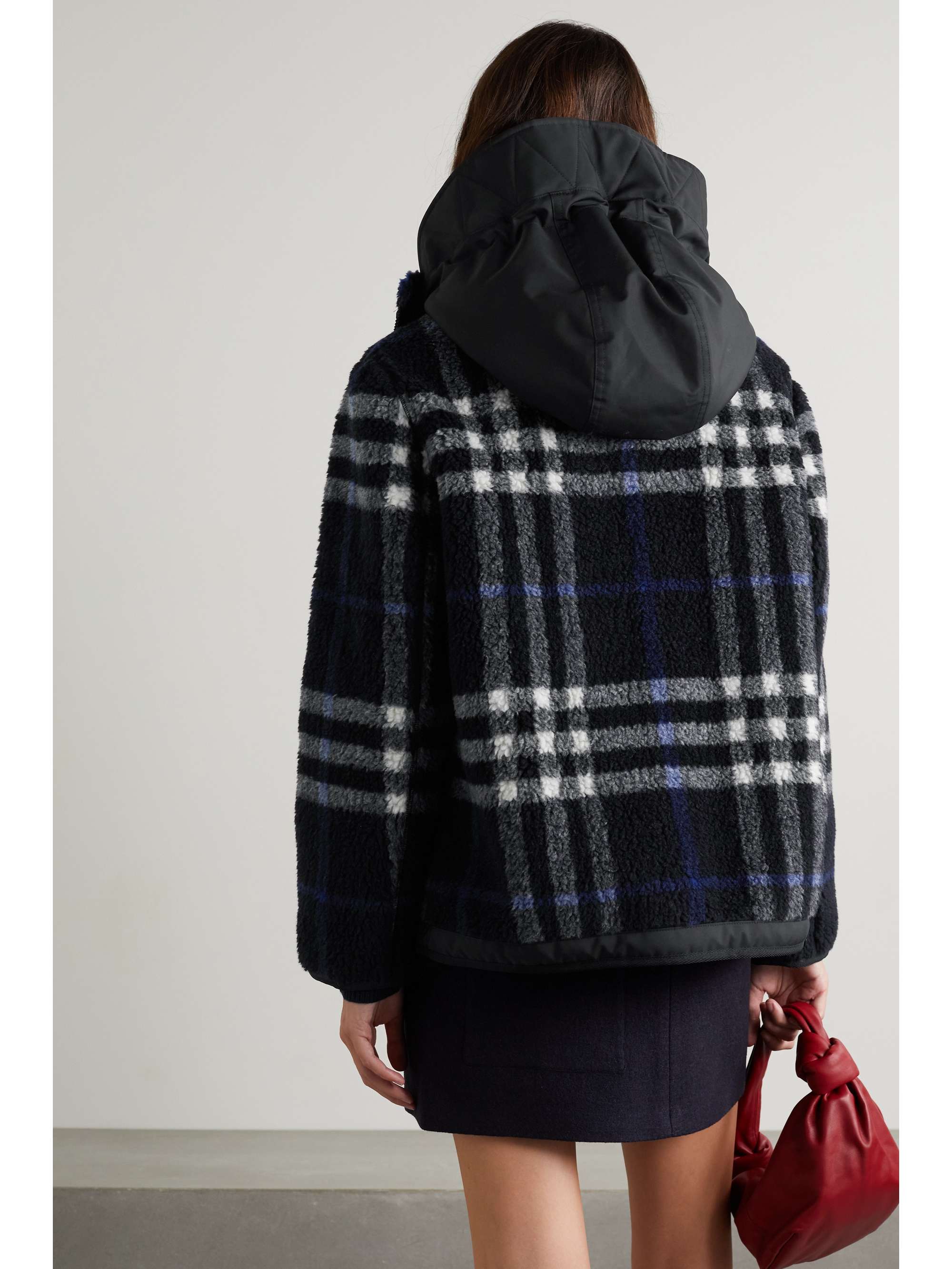 BURBERRY Hooded shell-trimmed checked wool-blend fleece coat