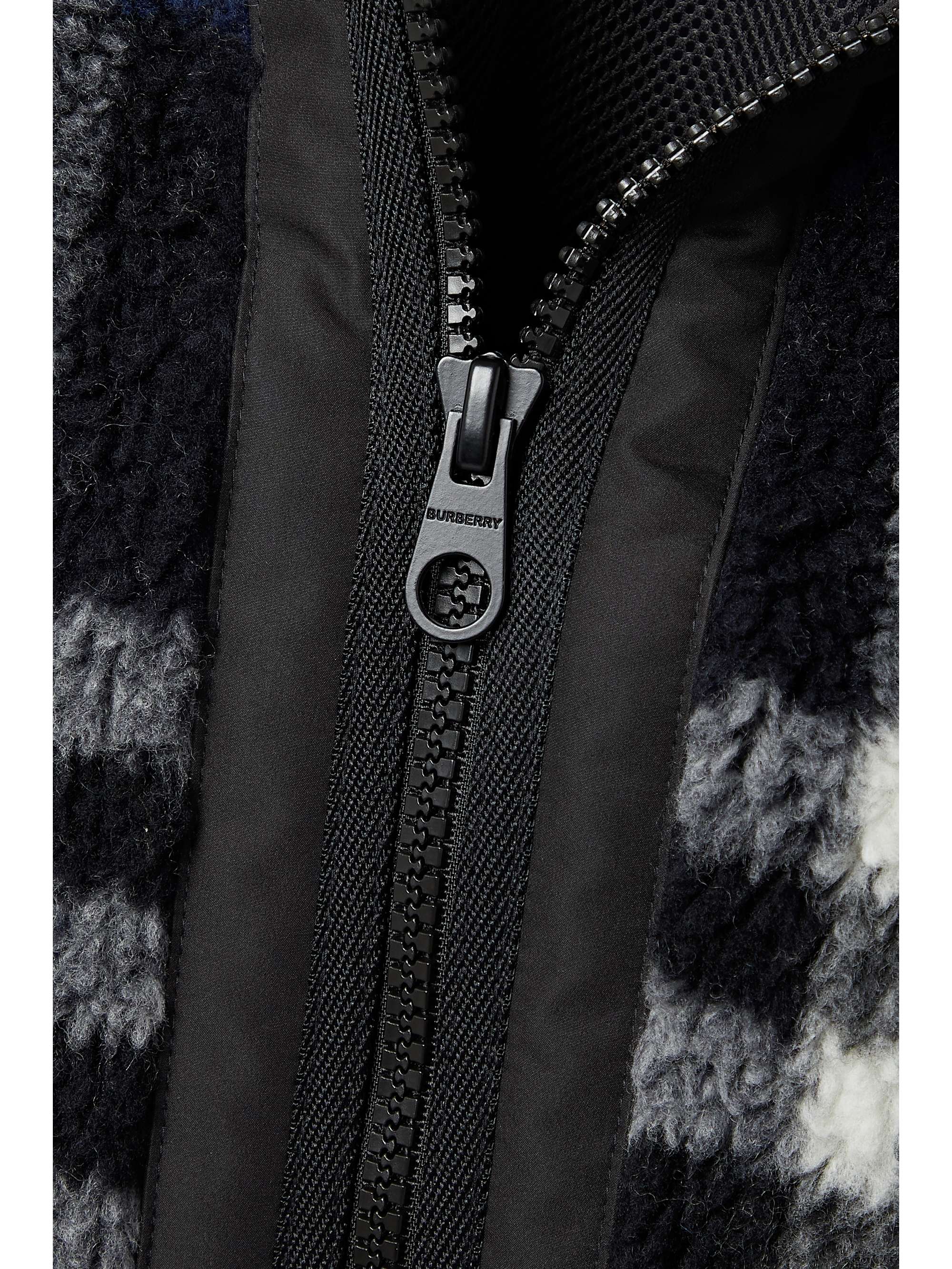 BURBERRY Hooded shell-trimmed checked wool-blend fleece coat