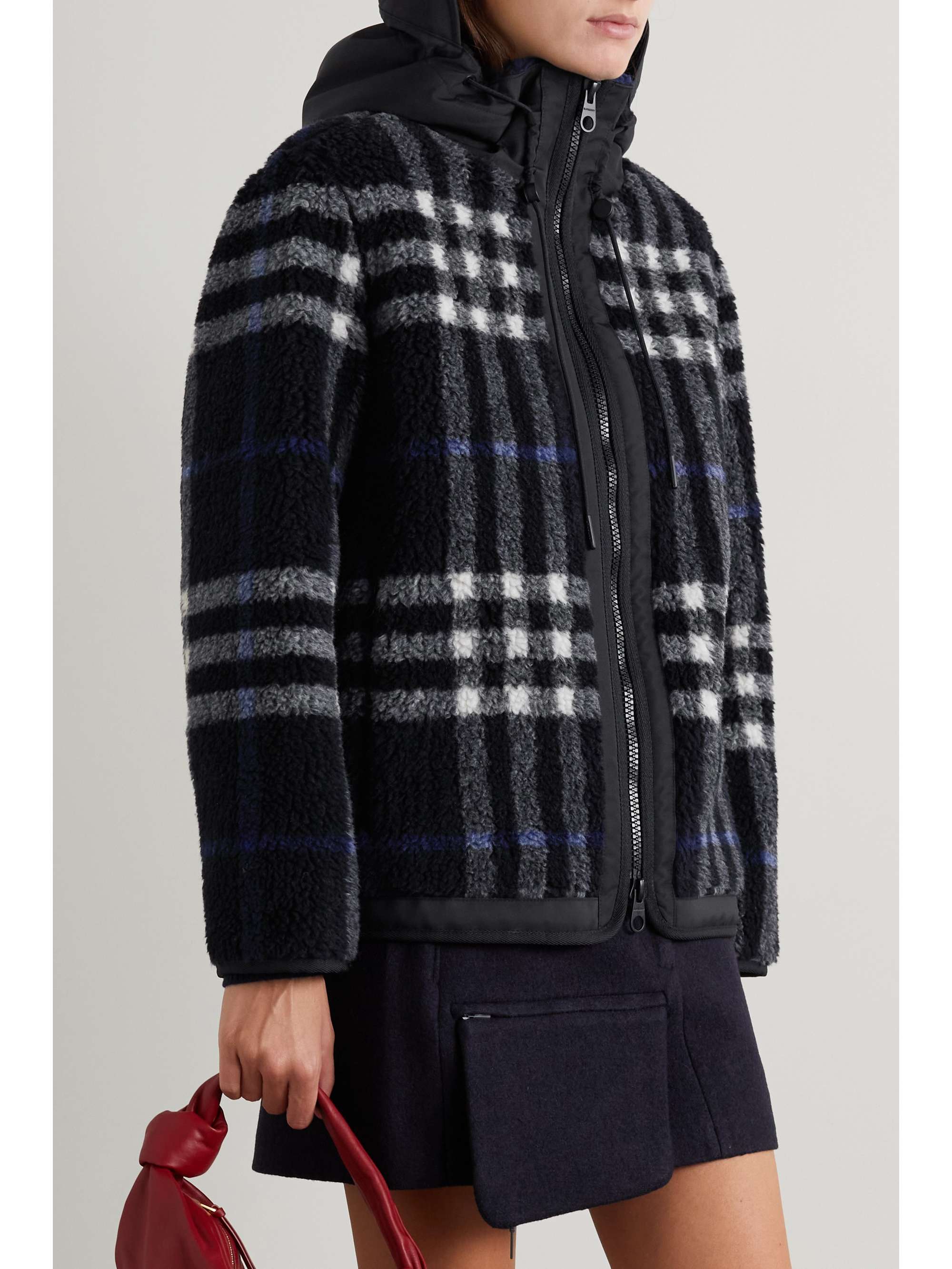 BURBERRY Hooded shell-trimmed checked wool-blend fleece coat