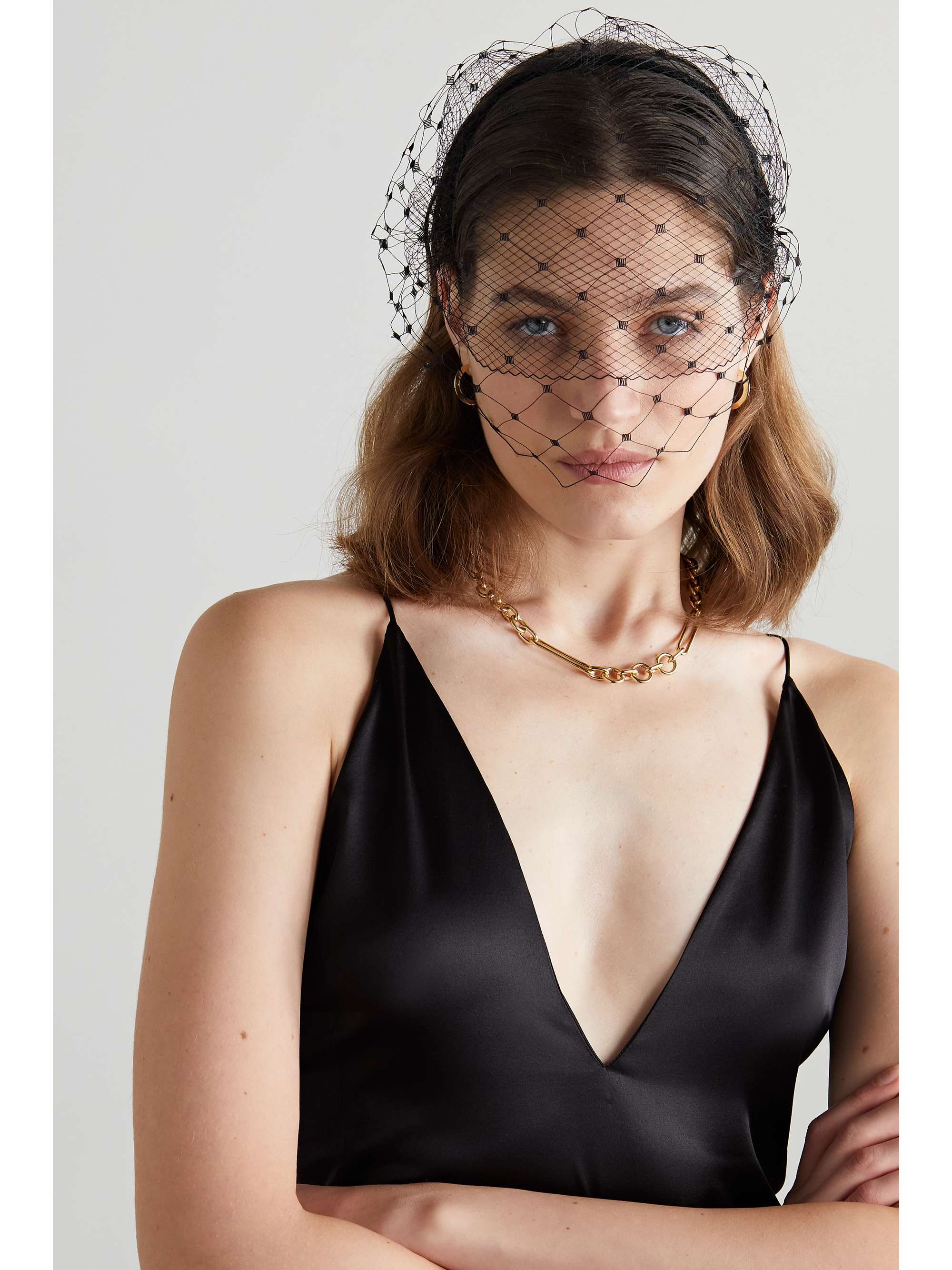 GIGI BURRIS + NET SUSTAIN fishnet and grosgrain headband
