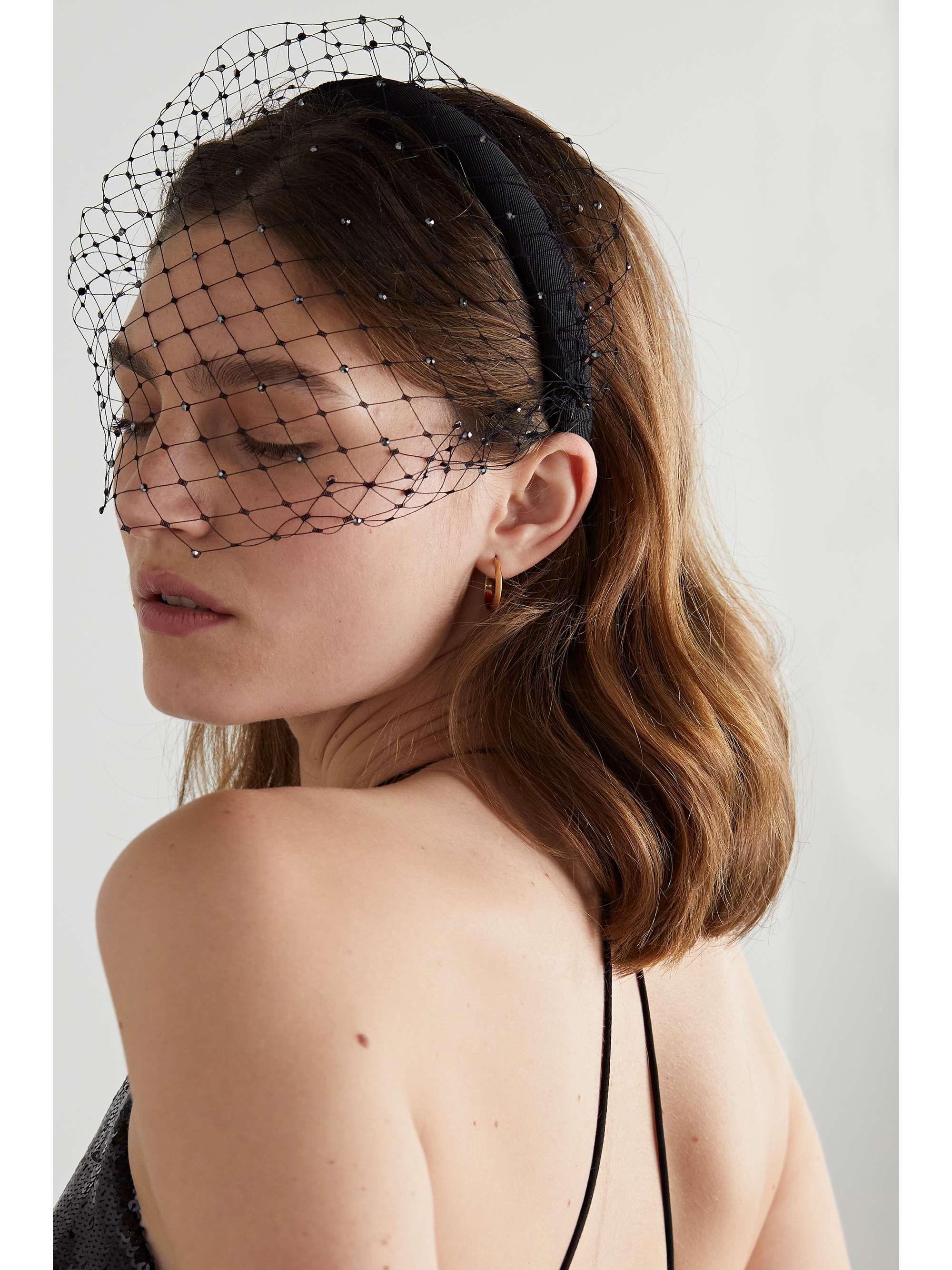 GIGI BURRIS + NET SUSTAIN Kate crystal-embellished silk-fishnet and cotton-grosgrain headband