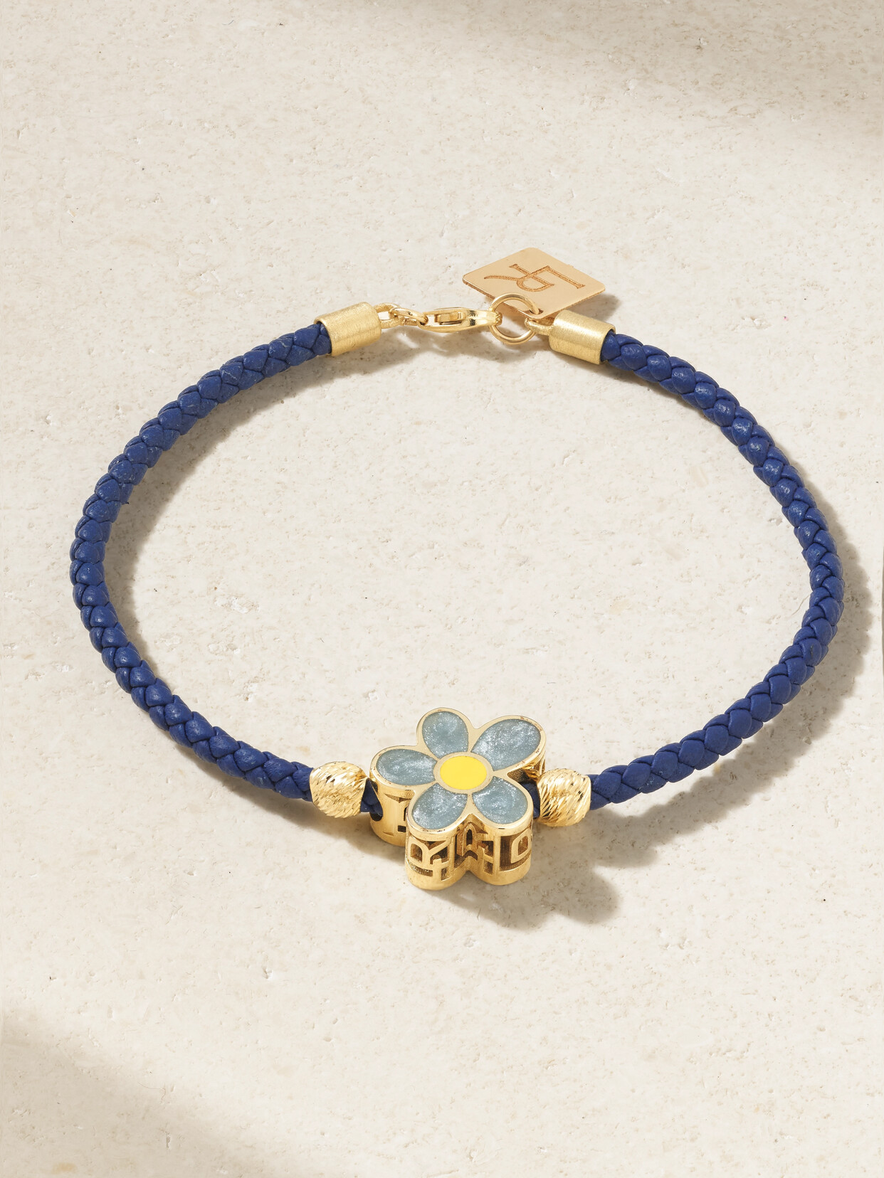 Lauren Rubinski Flower 14-karat Gold, Glittered Enamel And Leather Bracelet In Blue