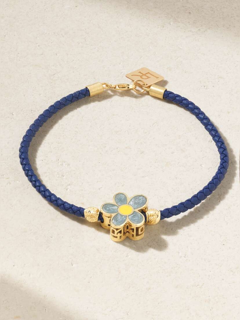 Lauren Rubinski Flower 14-karat Gold, Glittered Enamel And Leather Bracelet