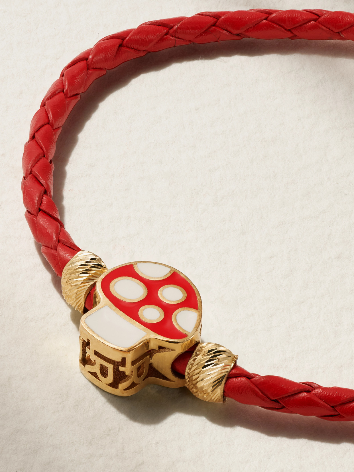 Shop Lauren Rubinski Mushroom 14-karat Gold, Enamel And Leather Bracelet In Red