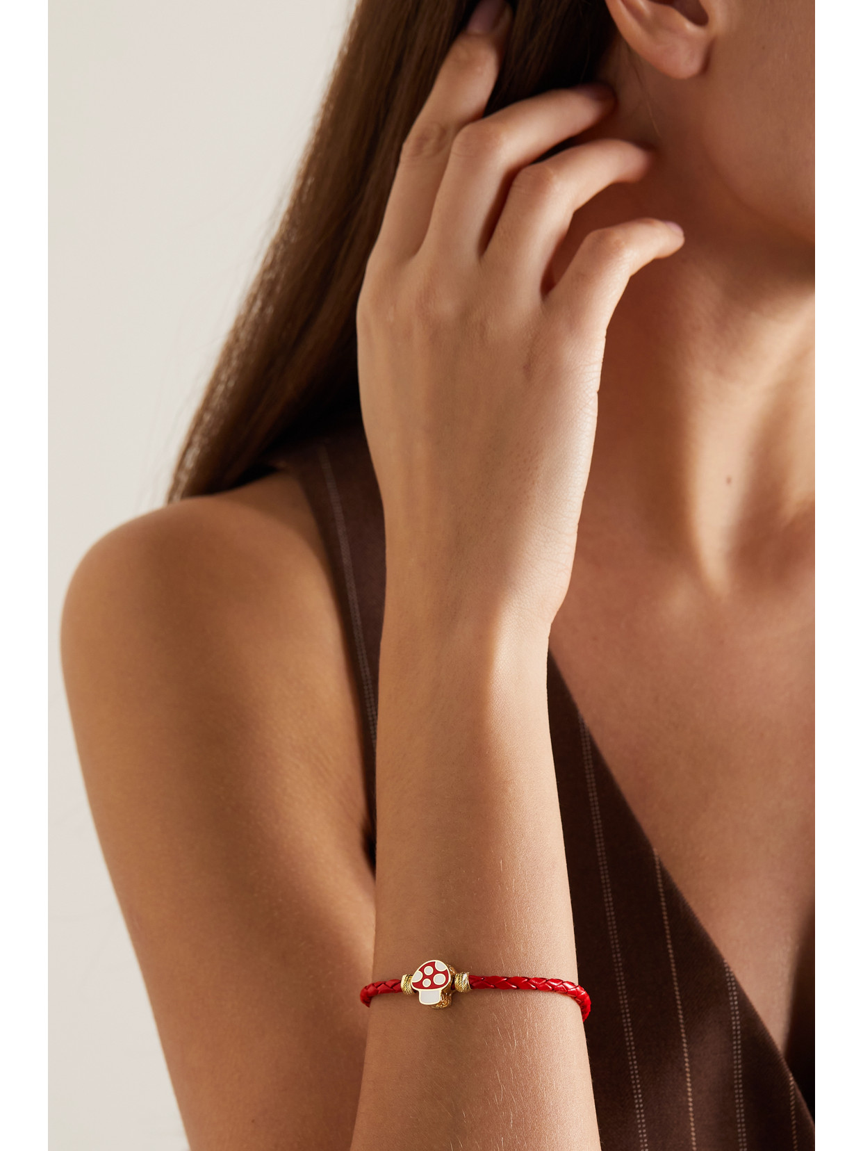 Shop Lauren Rubinski Mushroom 14-karat Gold, Enamel And Leather Bracelet In Red