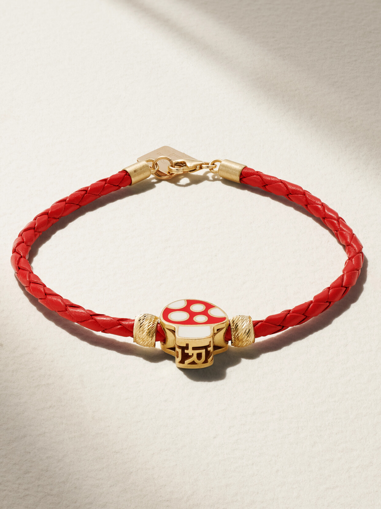 Lauren Rubinski Mushroom 14-karat Gold, Enamel And Leather Bracelet In Red