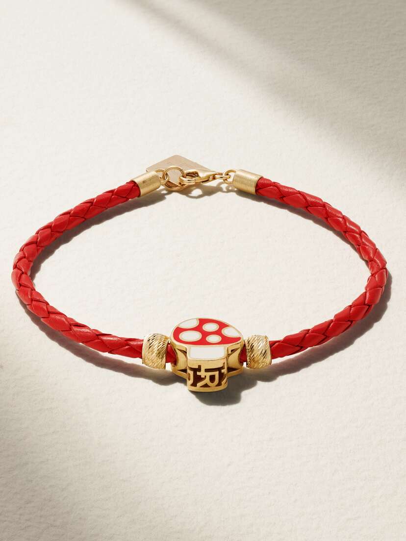 Lauren Rubinski Mushroom 14-karat Gold, Enamel And Leather Bracelet