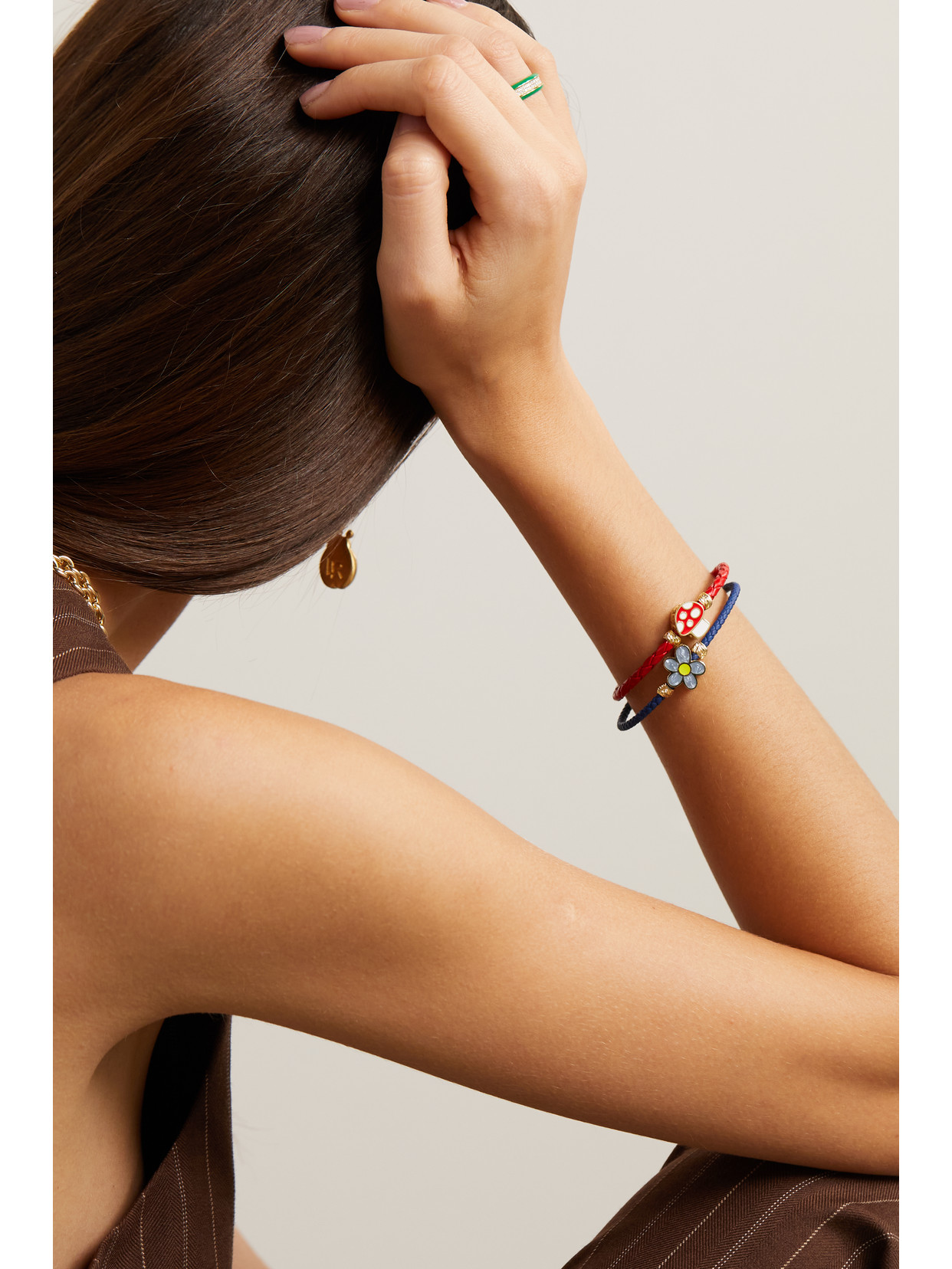 Shop Lauren Rubinski Mushroom 14-karat Gold, Enamel And Leather Bracelet In Red