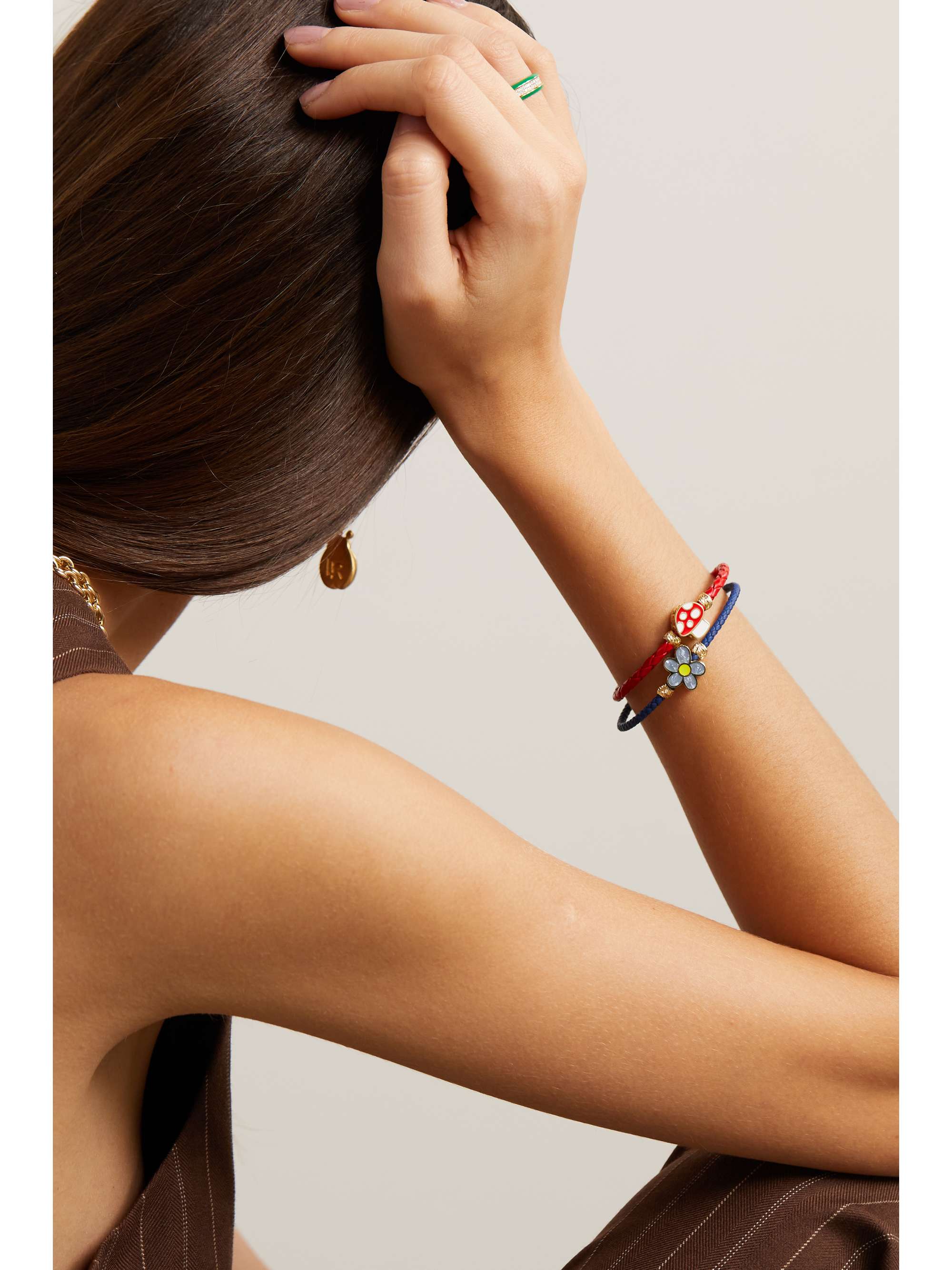 LAUREN RUBINSKI Lemon 14-karat gold, enamel and leather bracelet