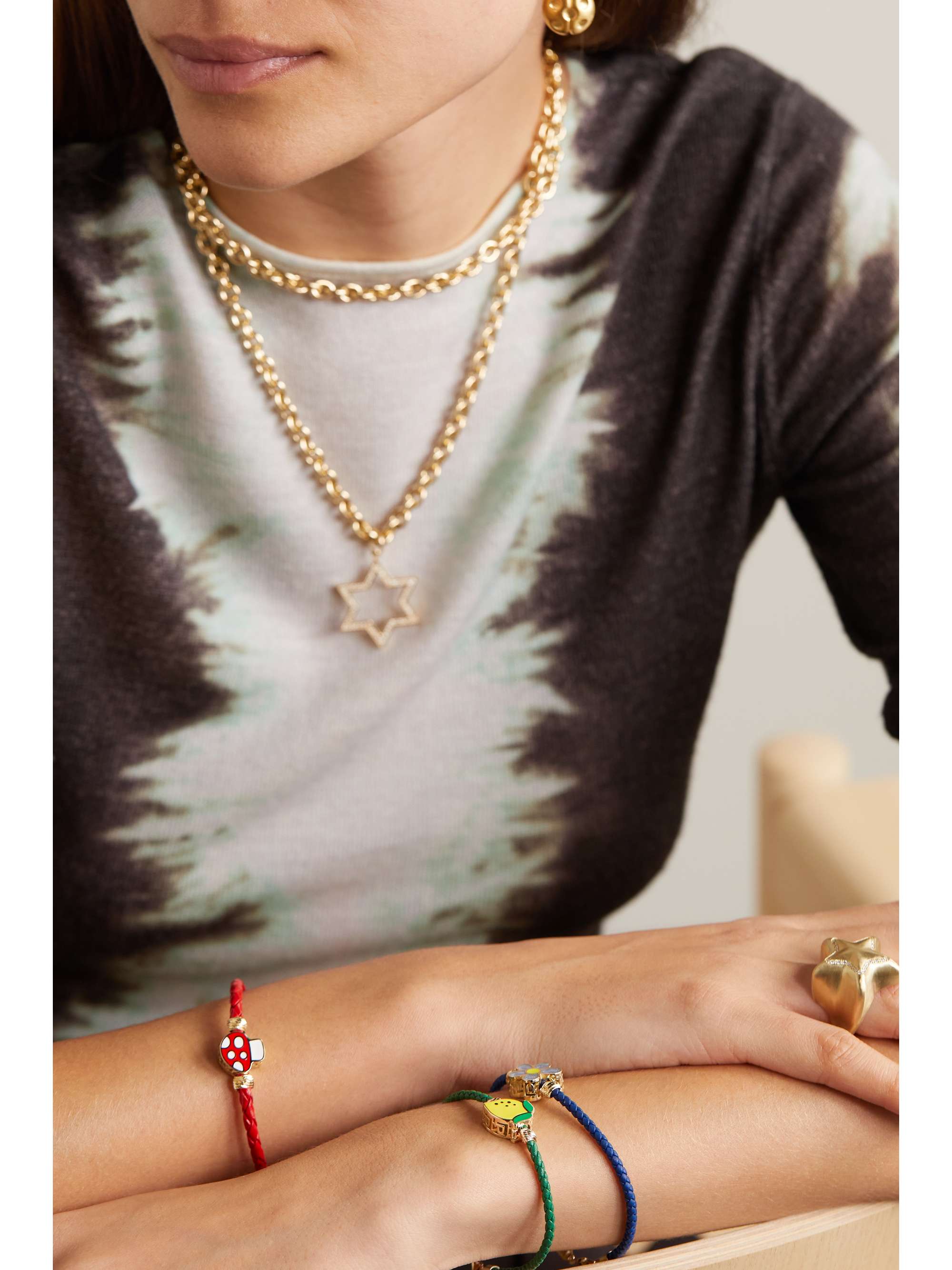 LAUREN RUBINSKI Lemon 14-karat gold, enamel and leather bracelet