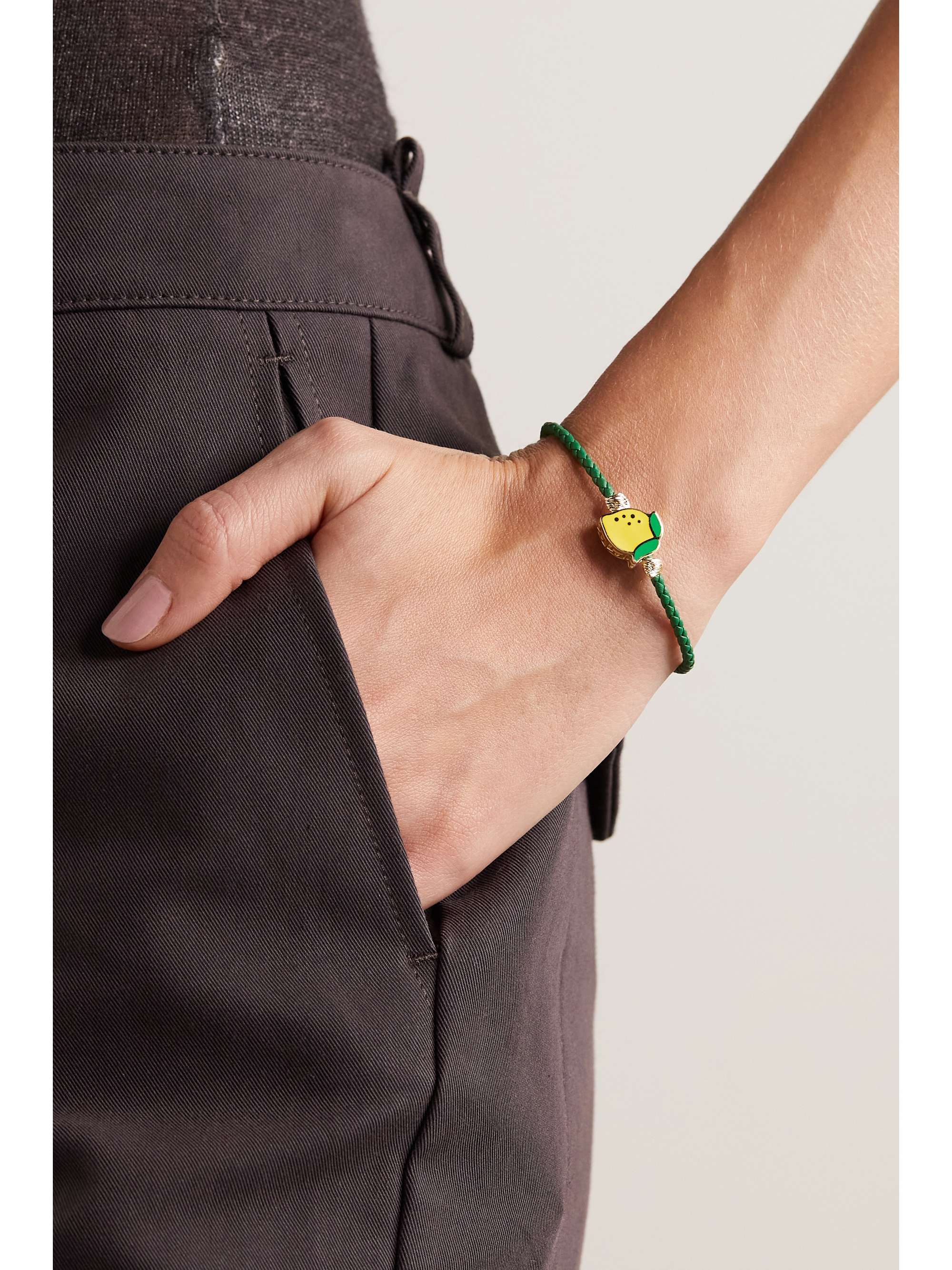 LAUREN RUBINSKI Lemon 14-karat gold, enamel and leather bracelet
