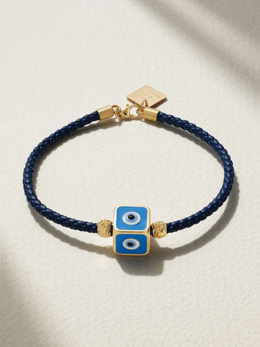 Lauren Rubinski Evil Eye 14-karat Gold, Enamel And Leather Bracelet
