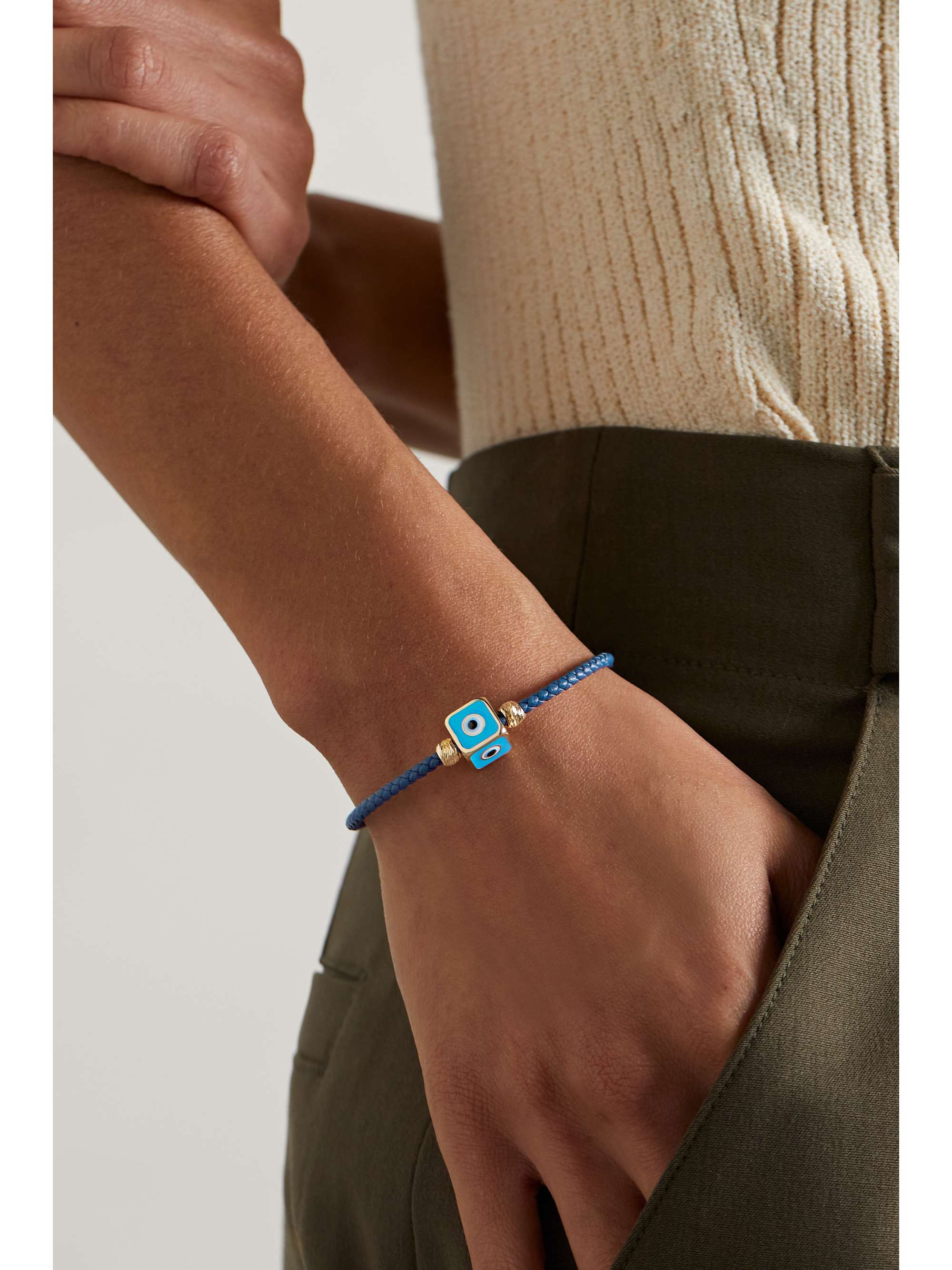 LAUREN RUBINSKI Evil Eye 14-karat gold, enamel and leather bracelet