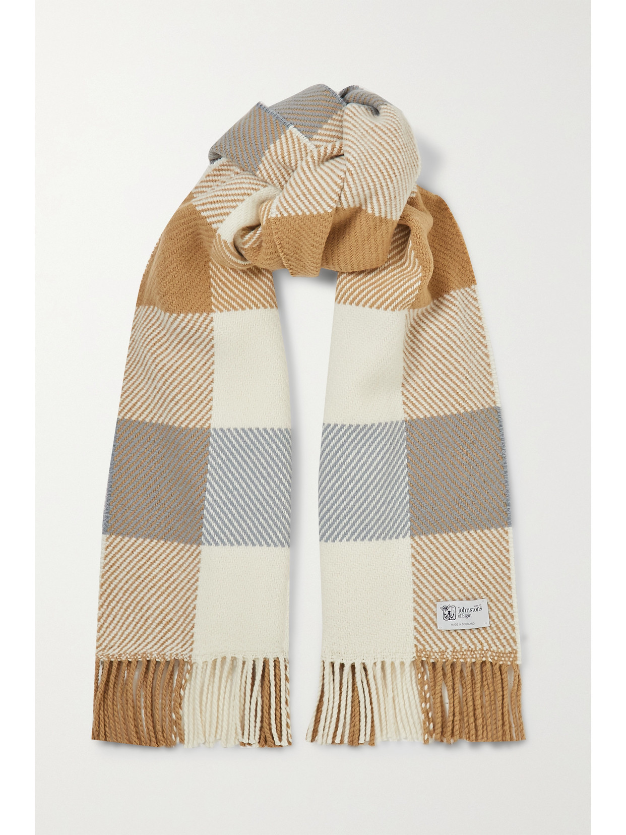 Johnstons Of Elgin Fringed Checked Wool And Cashmere-blend Scarf In Neutrals