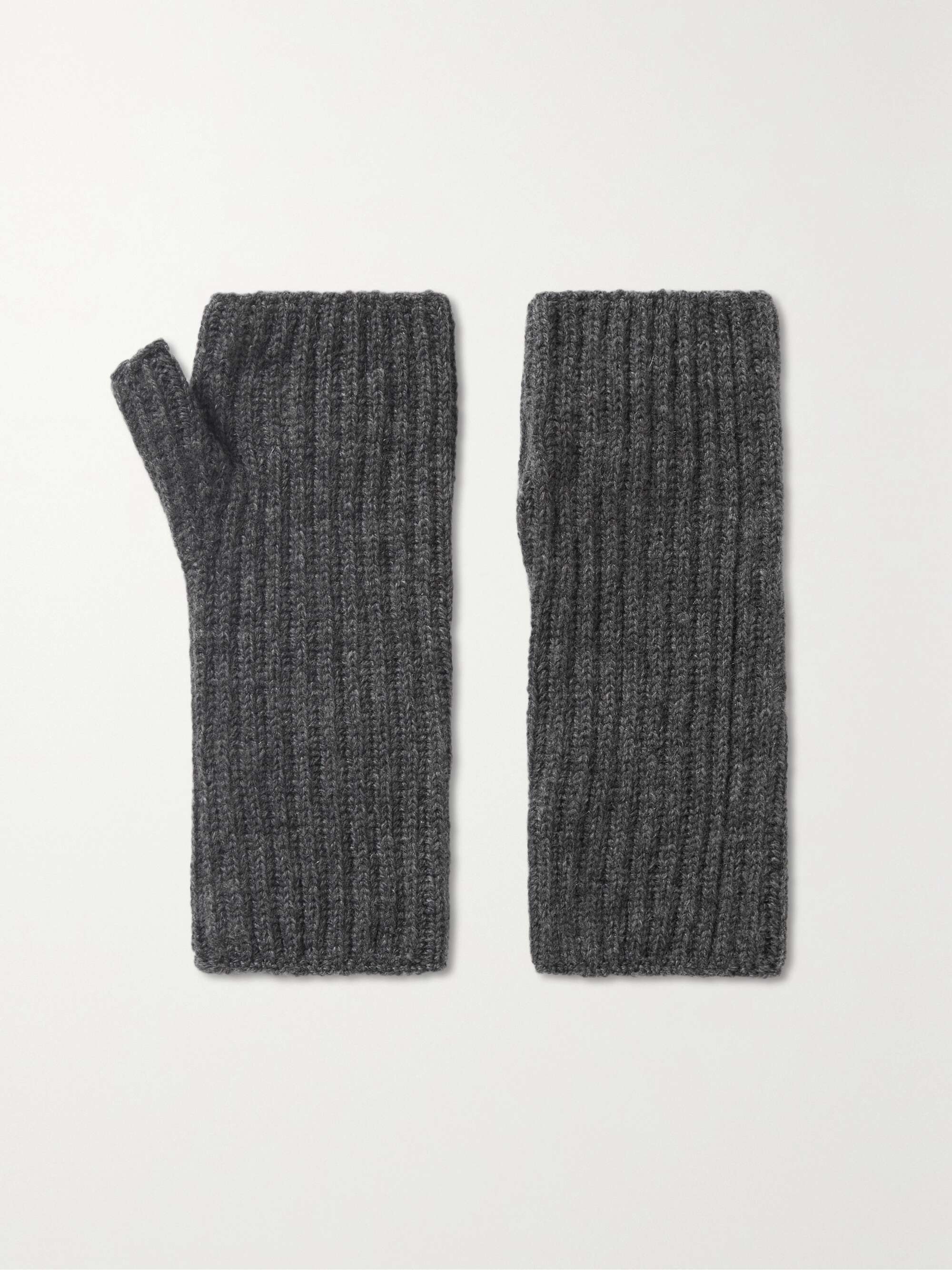 PORTOLANO Leather-trimmed ribbed cashmere fingerless gloves