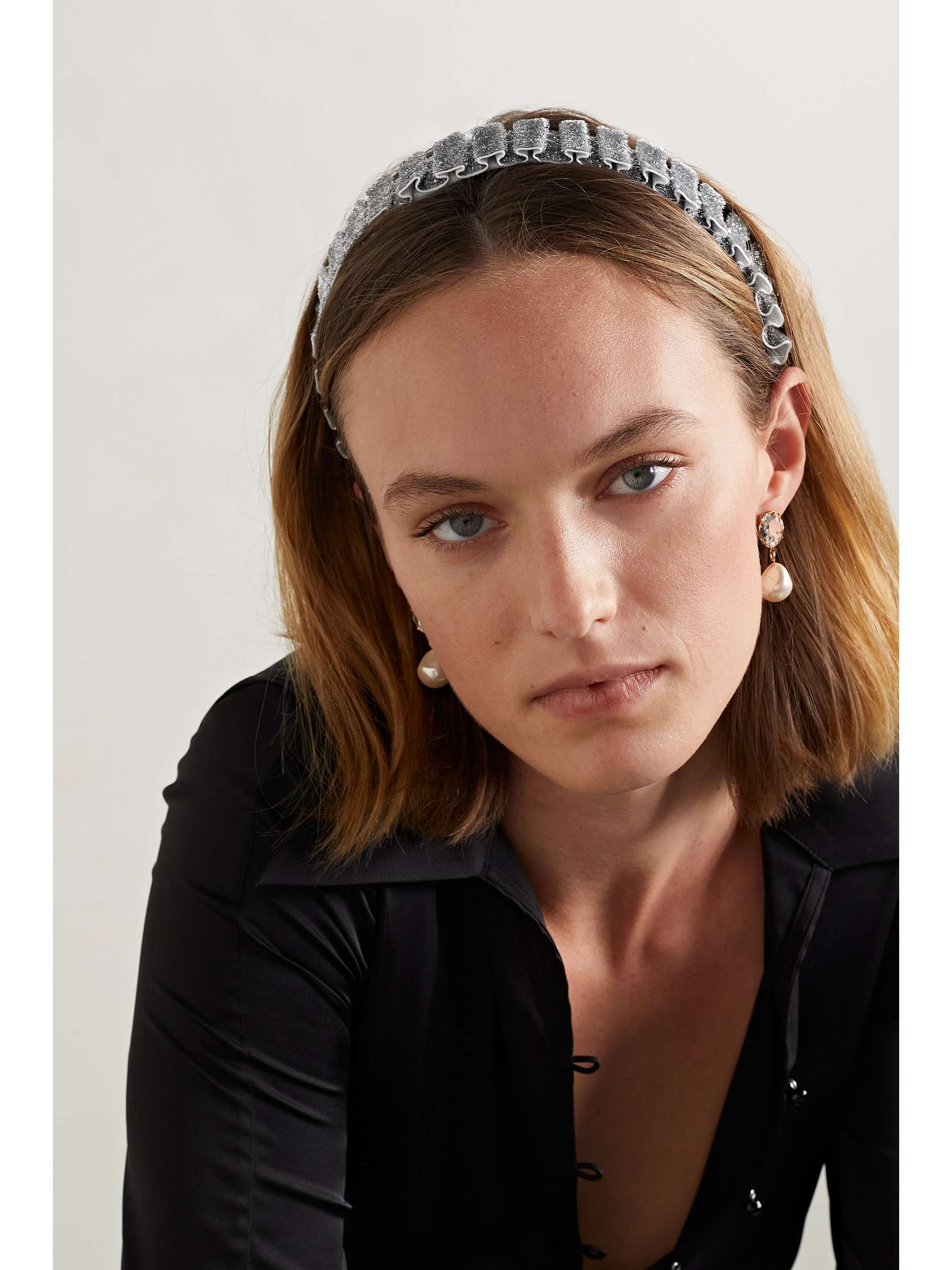EUGENIA KIM Rafaela ruffled metallic velvet headband