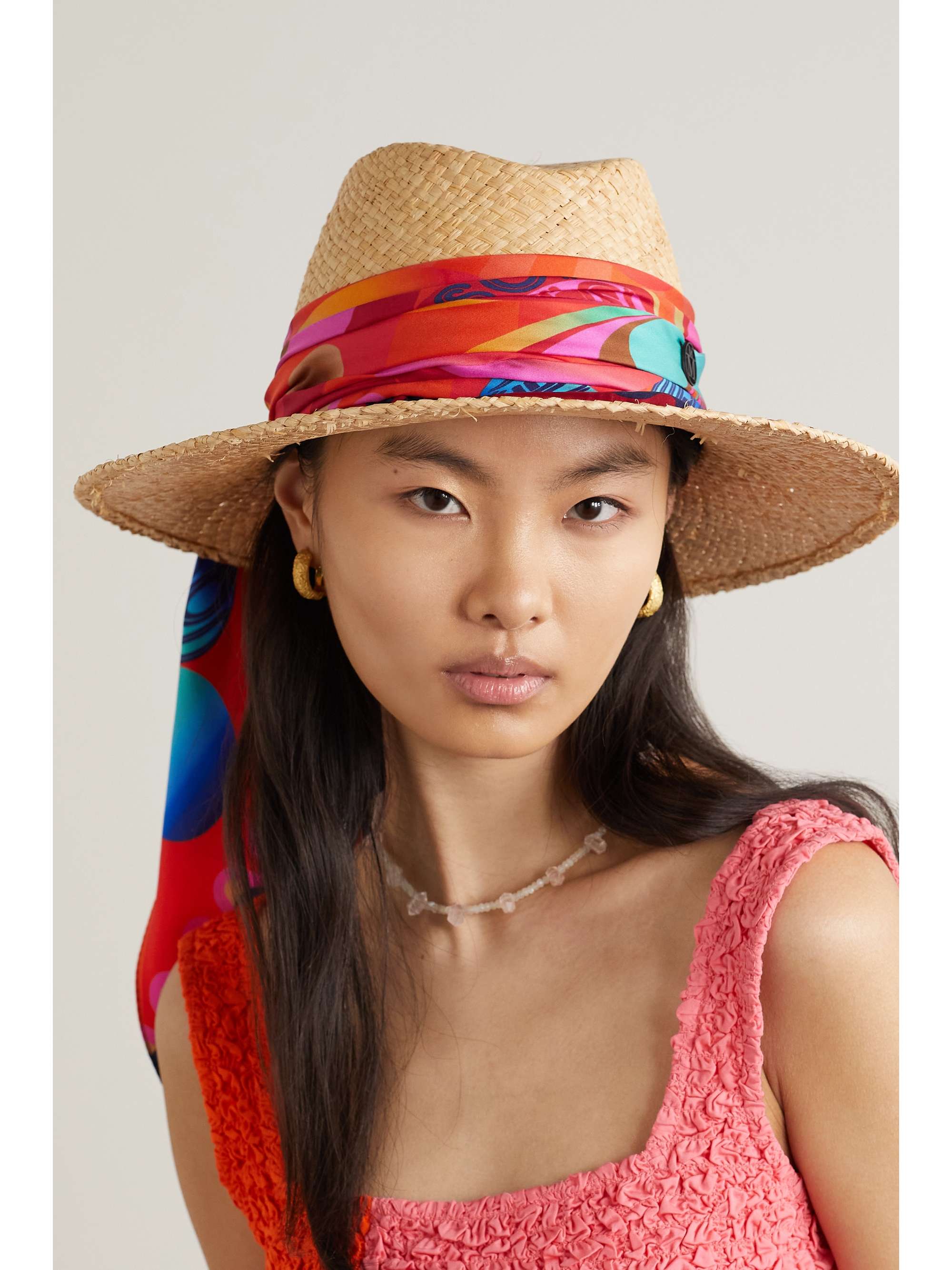 MAISON MICHEL Kate printed silk-trimmed raffia hat