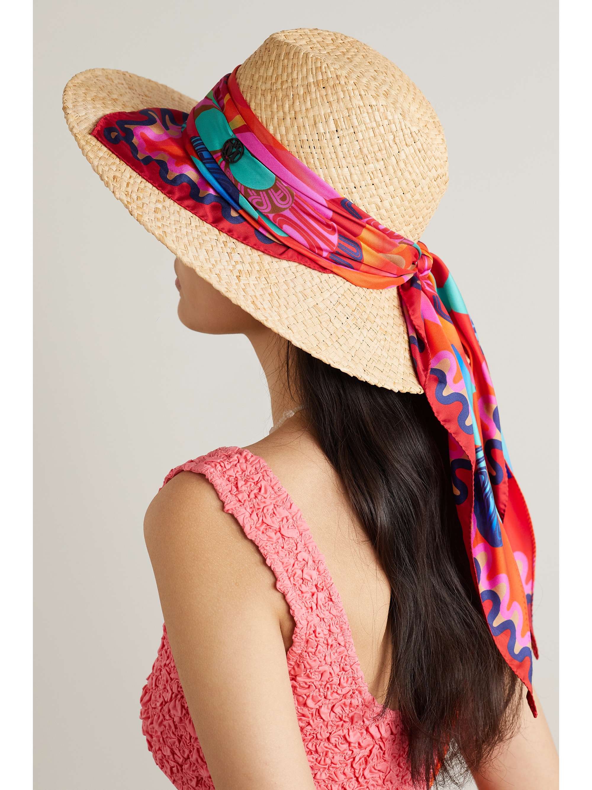 MAISON MICHEL Kate printed silk-trimmed raffia hat