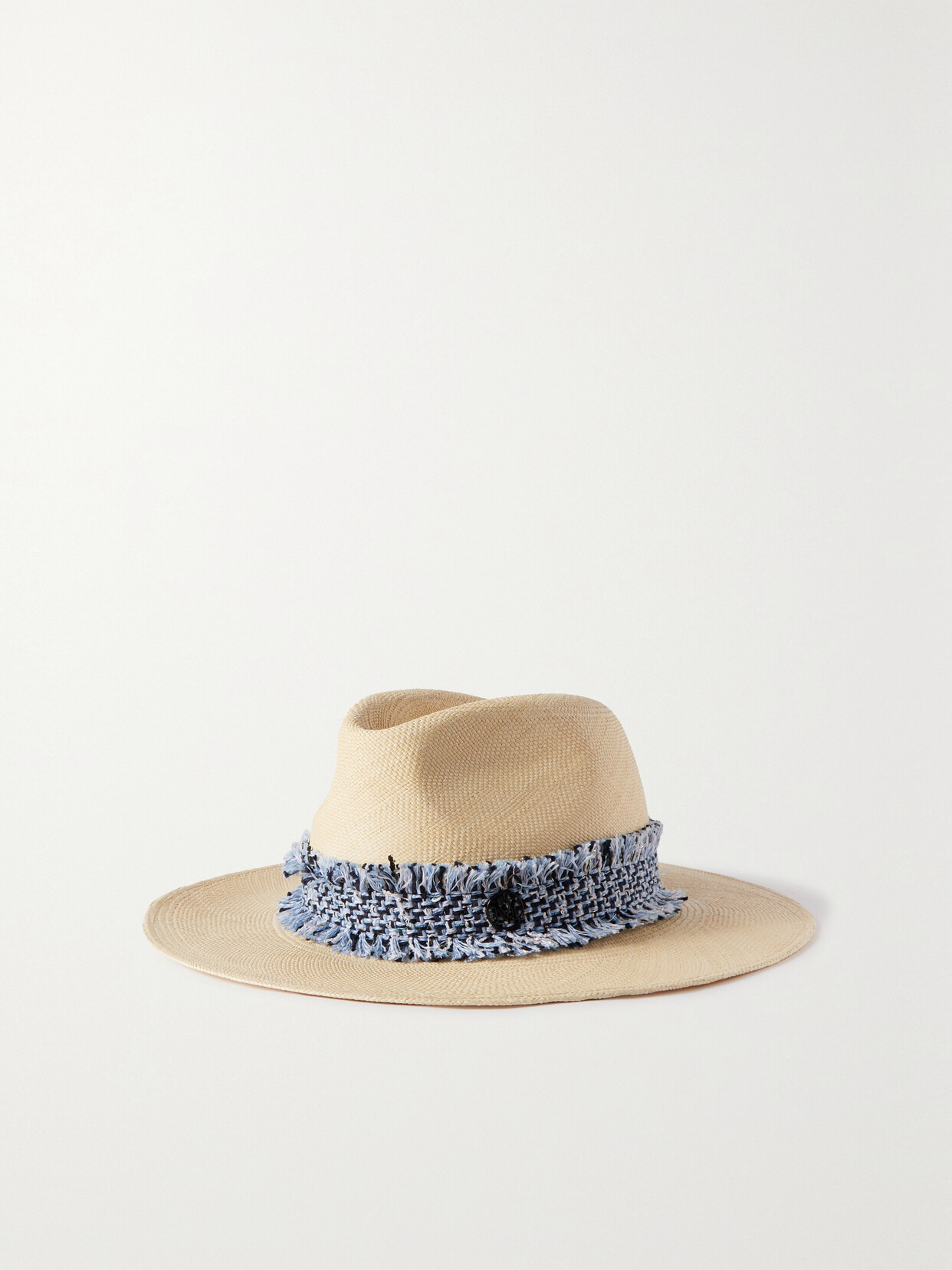 MAISON MICHEL HENRIETTA TWEED-TRIMMED STRAW FEDORA