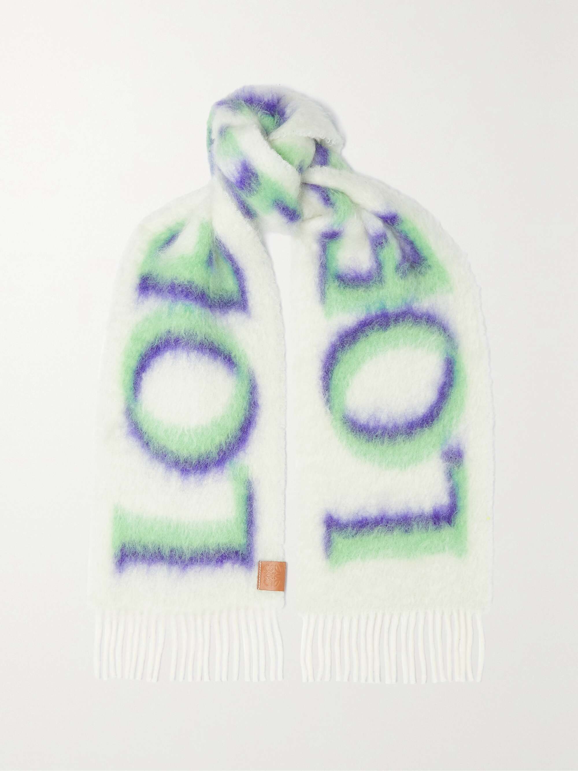 LOEWE Fringed printed wool, silk and cashmere-blend scarf