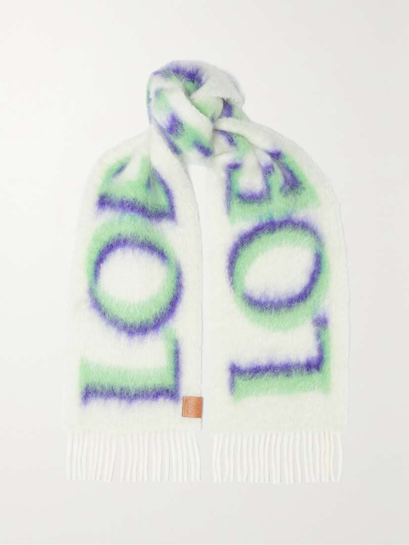Loewe Fringed Printed Knitted Scarf