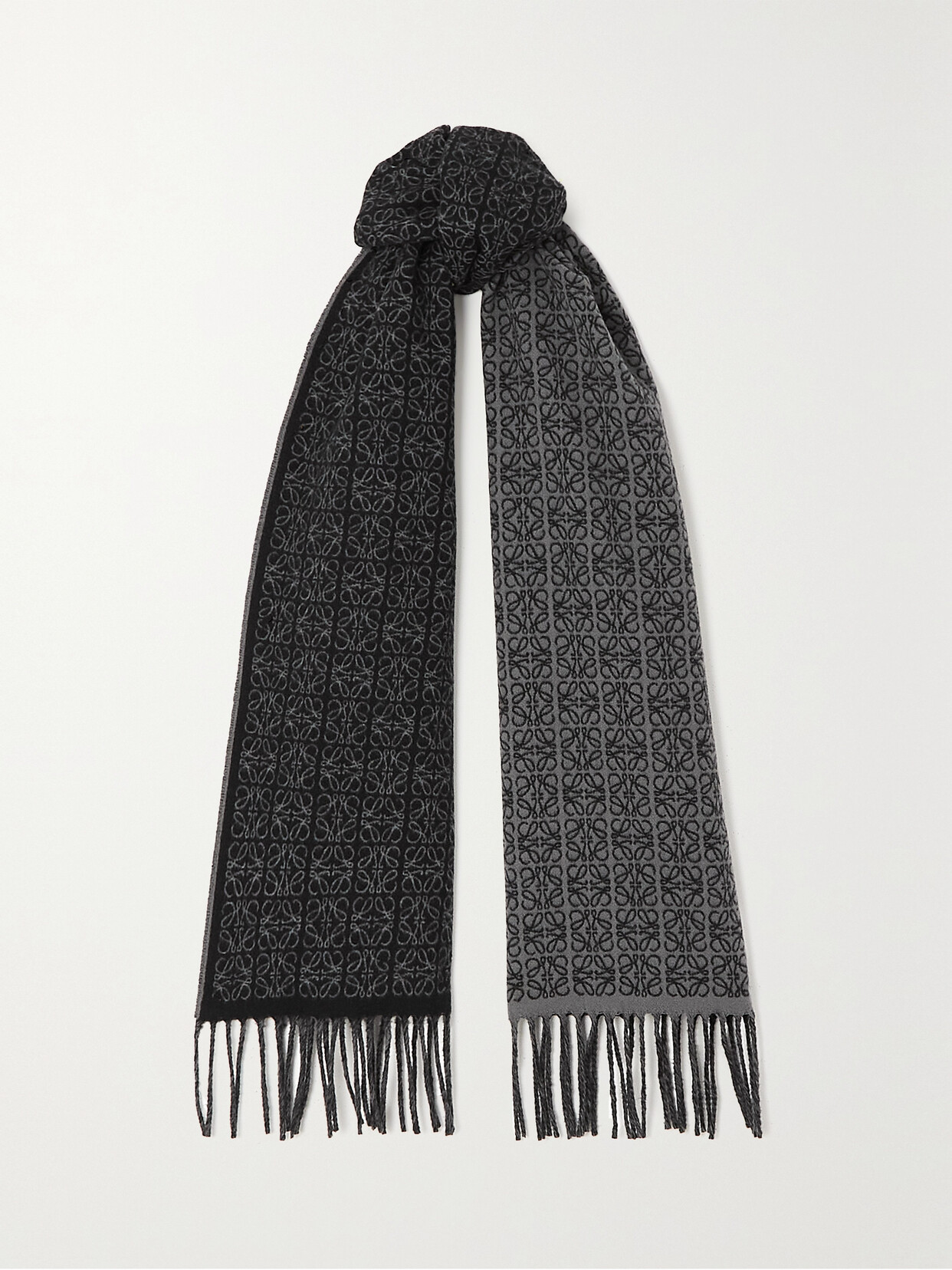 Loewe Reversible Leather-trimmed Jacquard-knit Cashmere Scarf In Brown