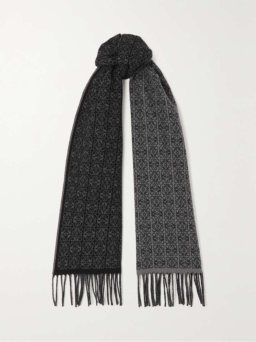 Loewe Reversible Leather-trimmed Jacquard-knit Cashmere Scarf