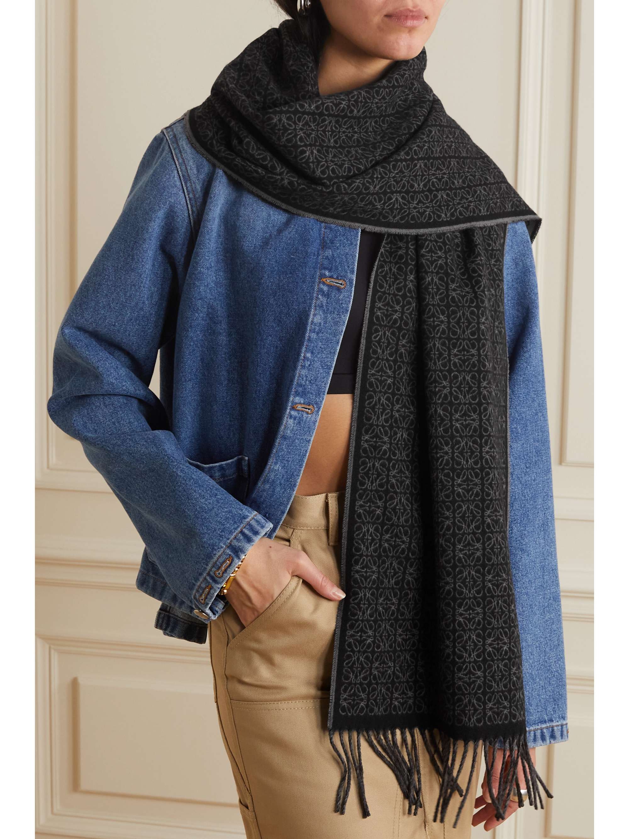 Reversible leather-trimmed jacquard-knit cashmere scarf