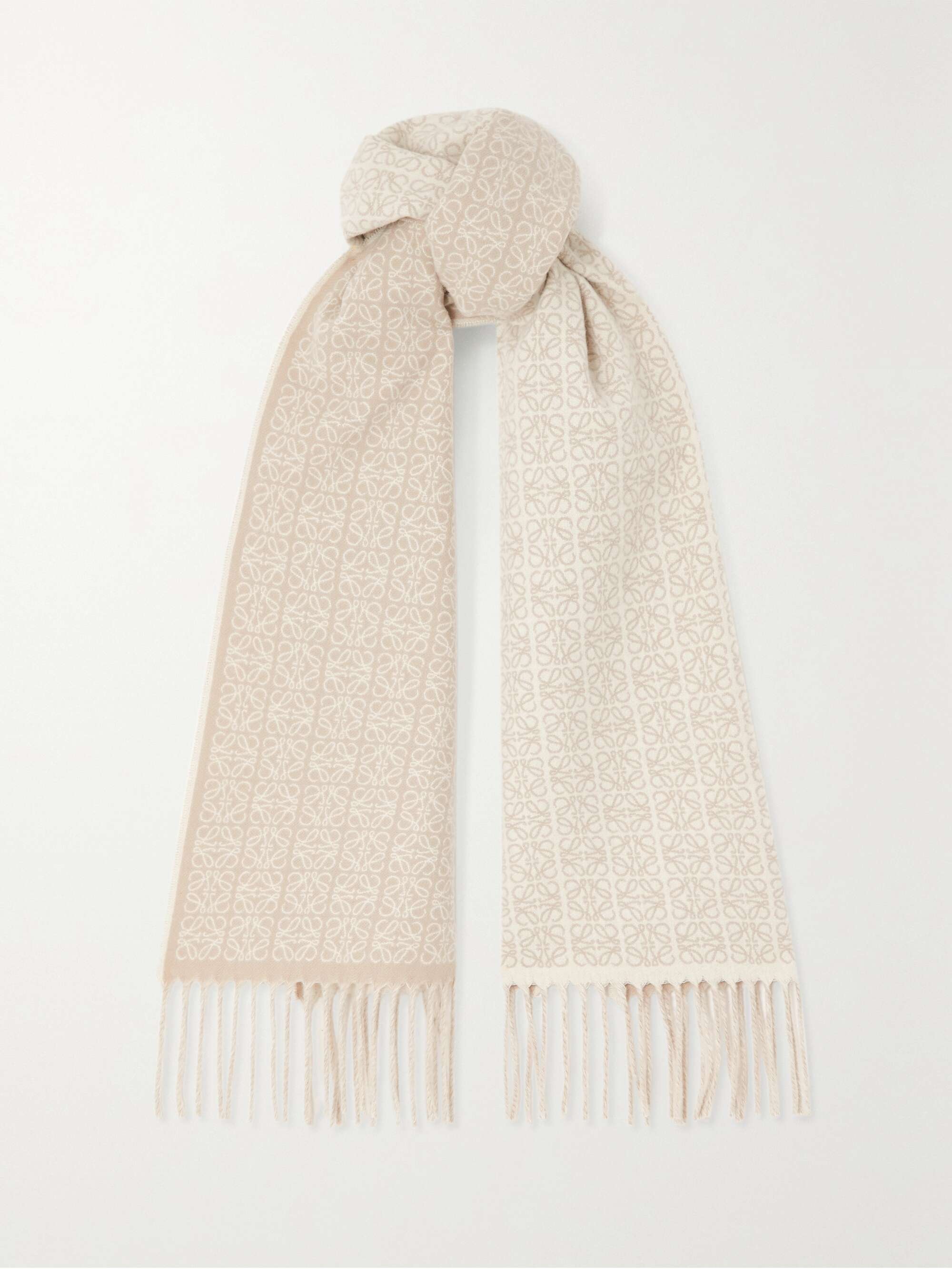 LOEWE Fringed leather-trimmed printed wool-blend scarf