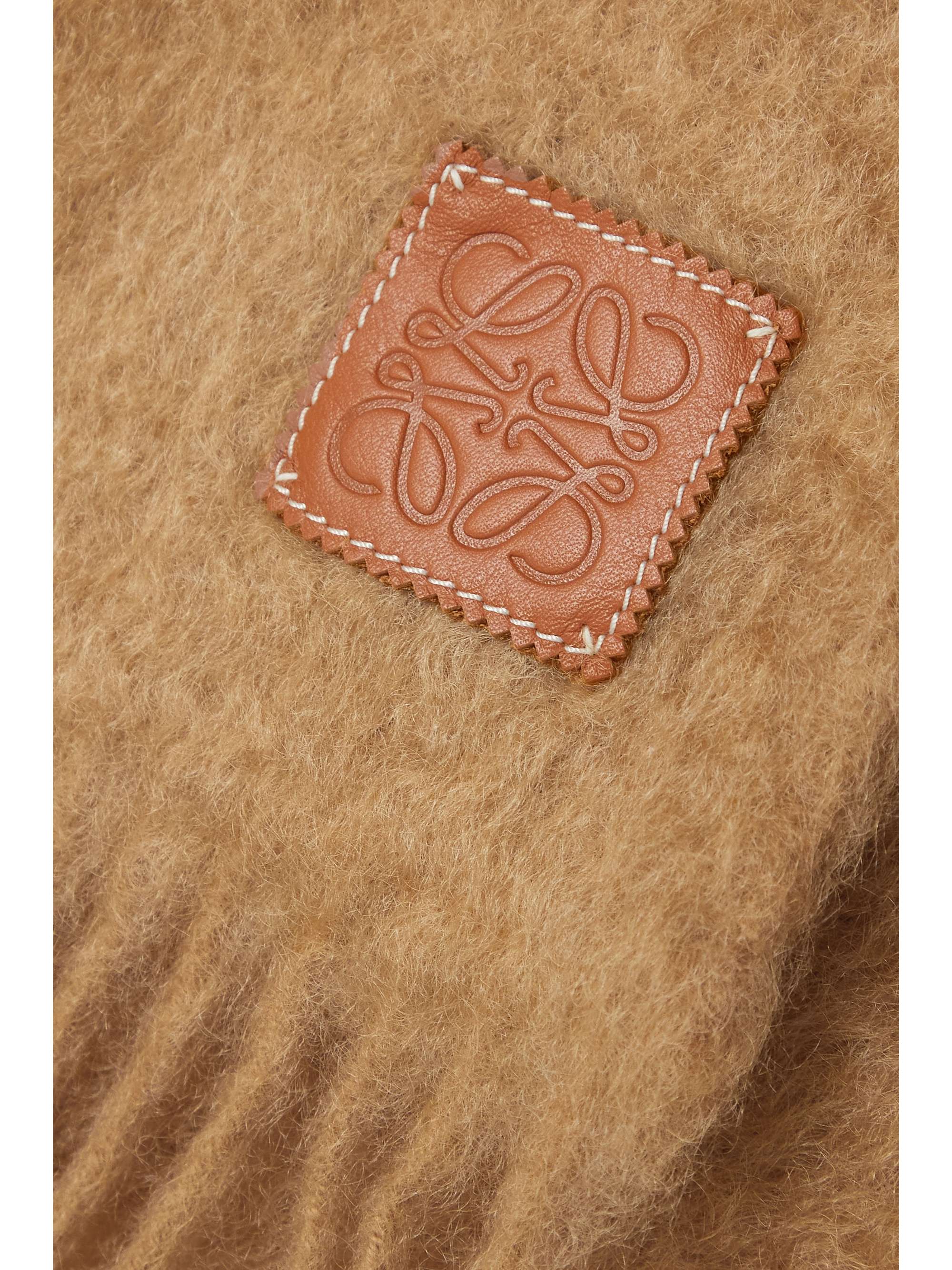LOEWE Leather-trimmed fringed mohair-blend scarf