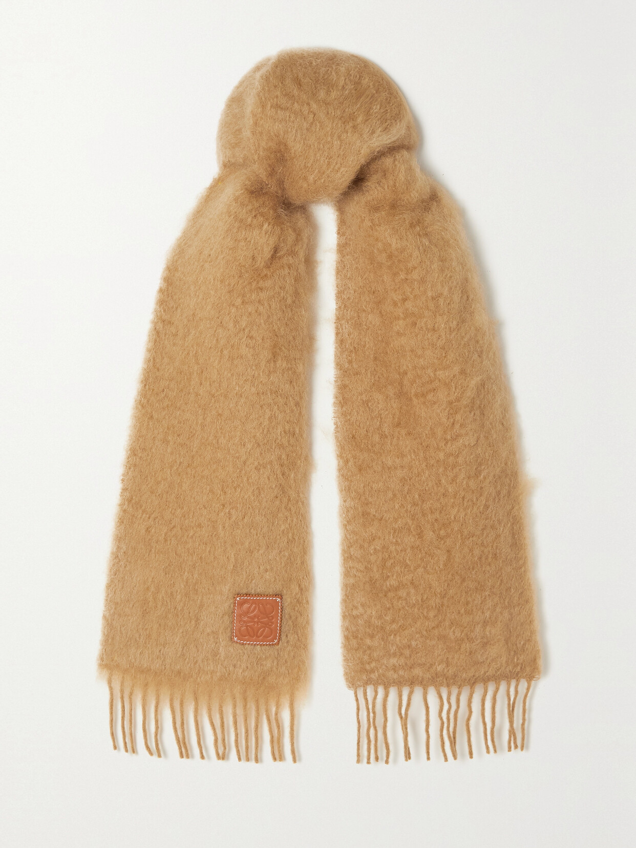 LOEWE - Appliquéd Fringed Mohair-blend Scarf - Camel
