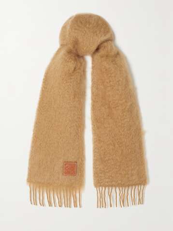 로에베 LOEWE Appliqued fringed mohair-blend scarf,Camel