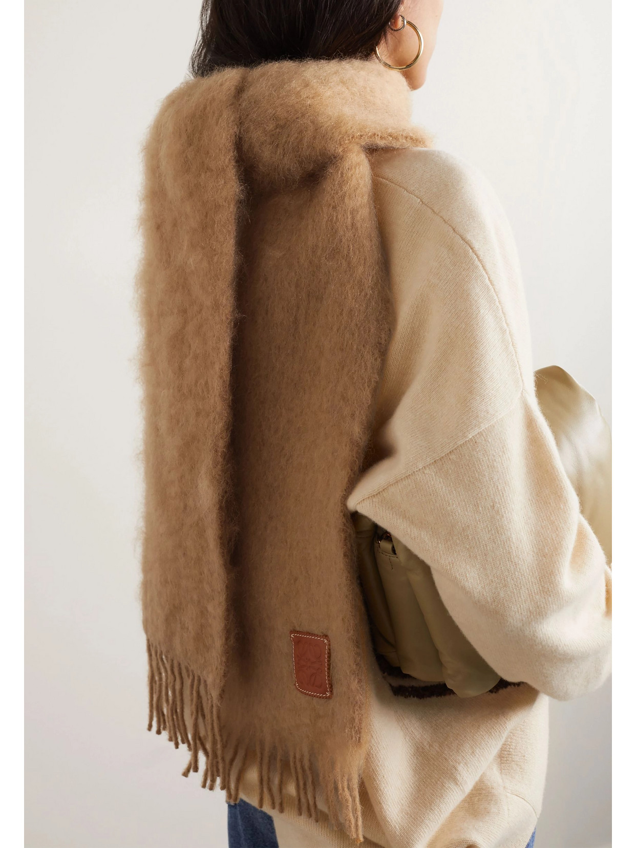 Shop Loewe Appliquéd Fringed Mohair-blend Scarf In Brown