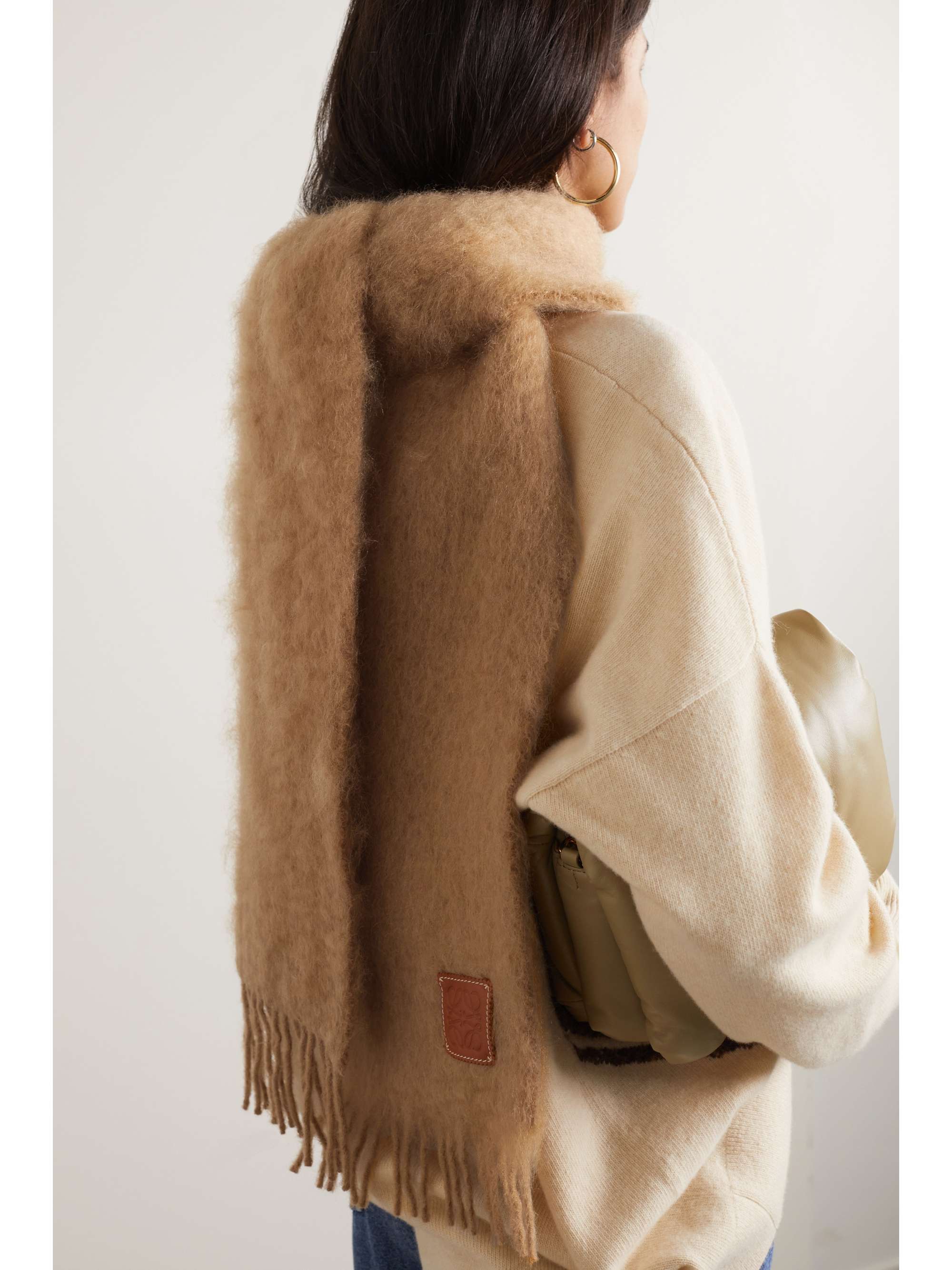 LOEWE Leather-trimmed fringed mohair-blend scarf