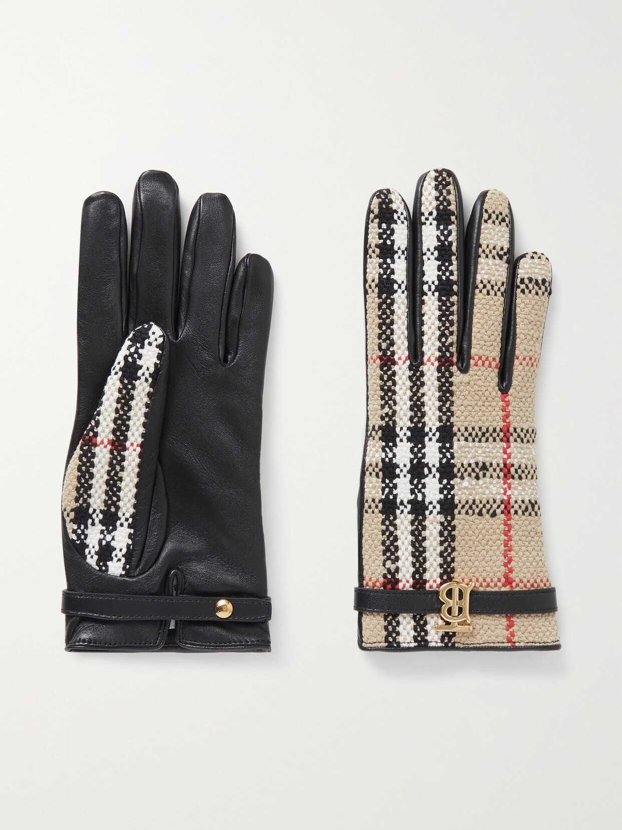Burberry Checked Cotton blend Tweed And Leather Gloves Beige