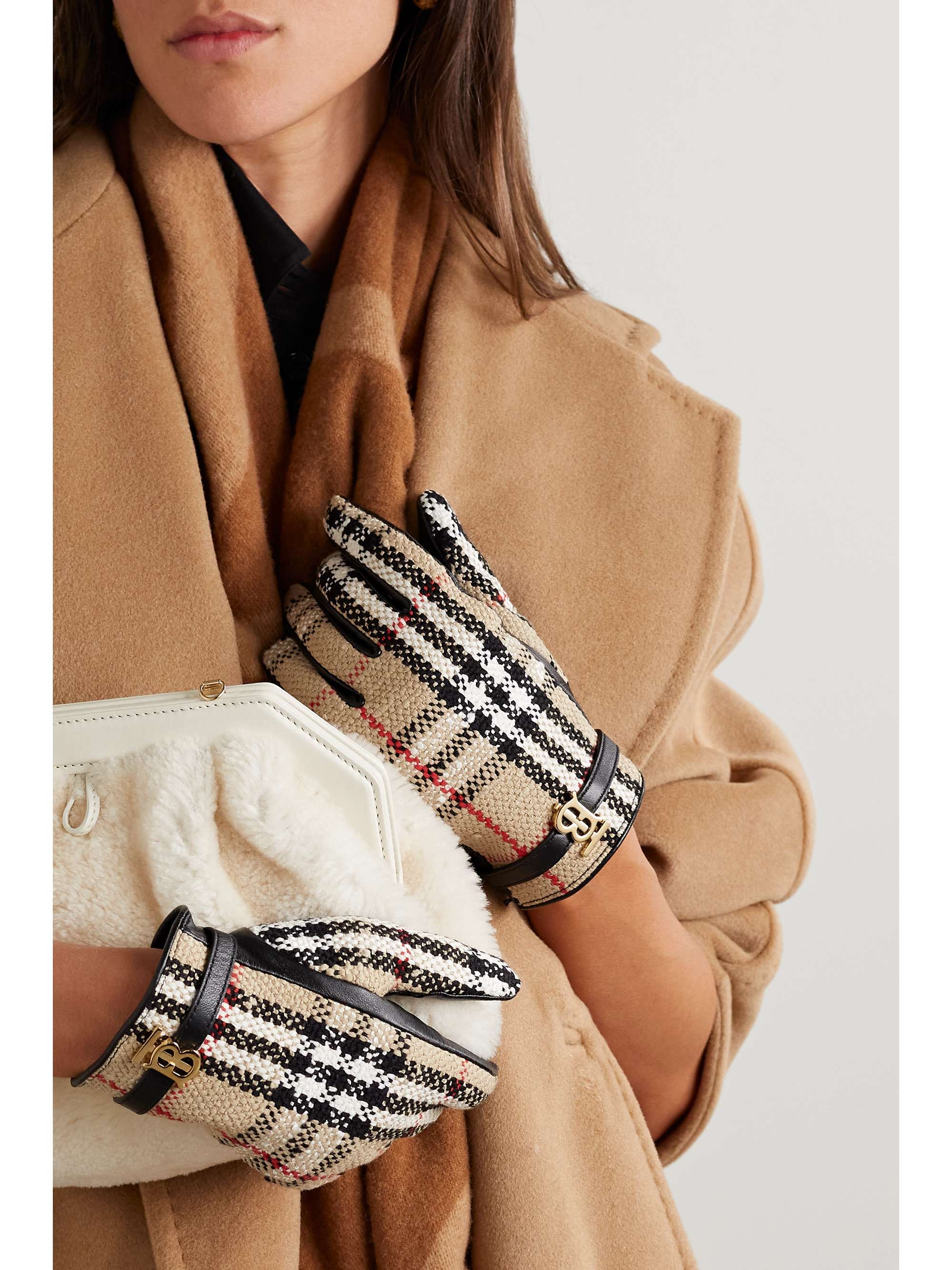 BURBERRY Checked cotton-blend tweed and leather gloves