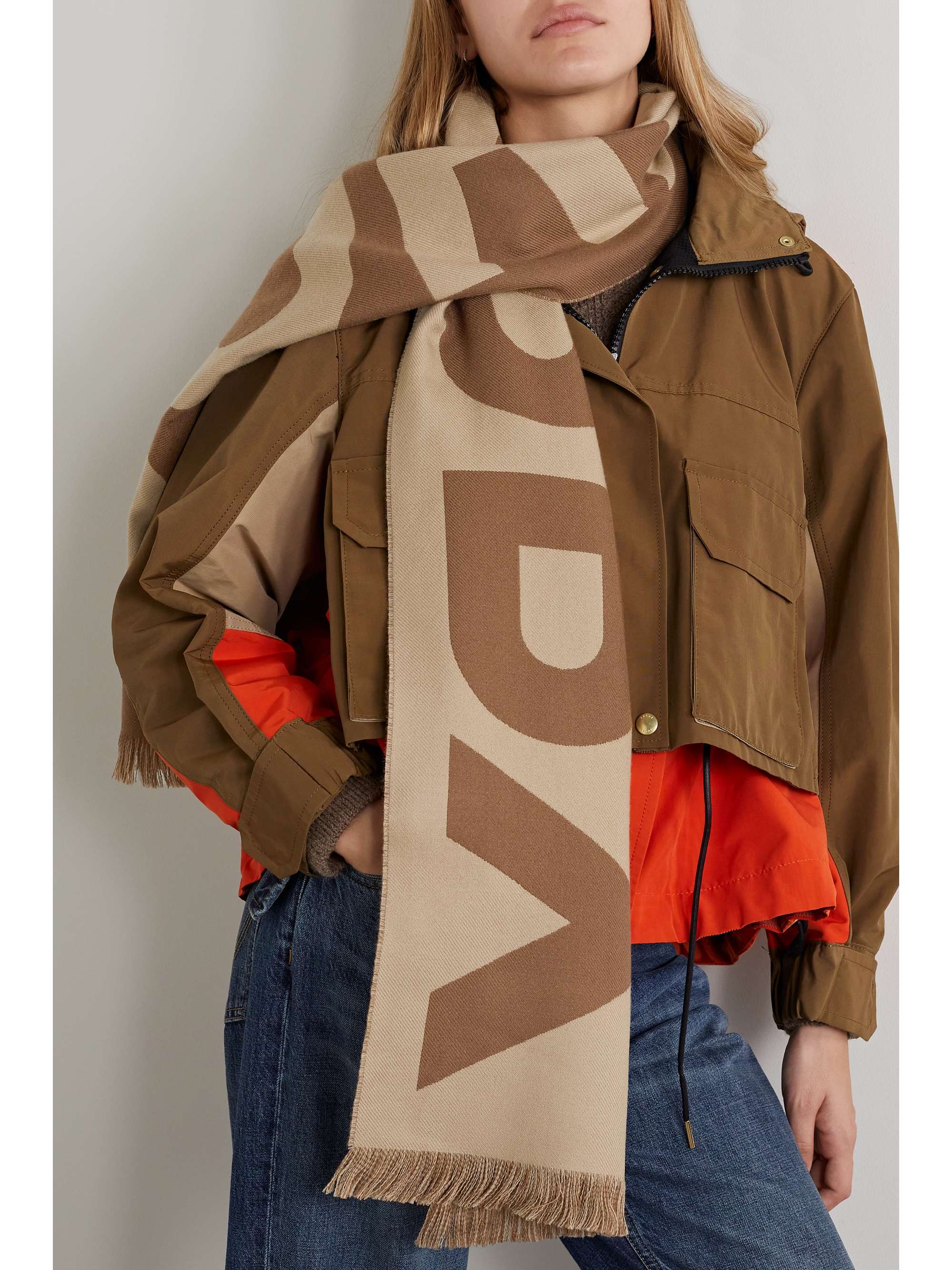 BURBERRY Reversible fringed wool-jacquard scarf