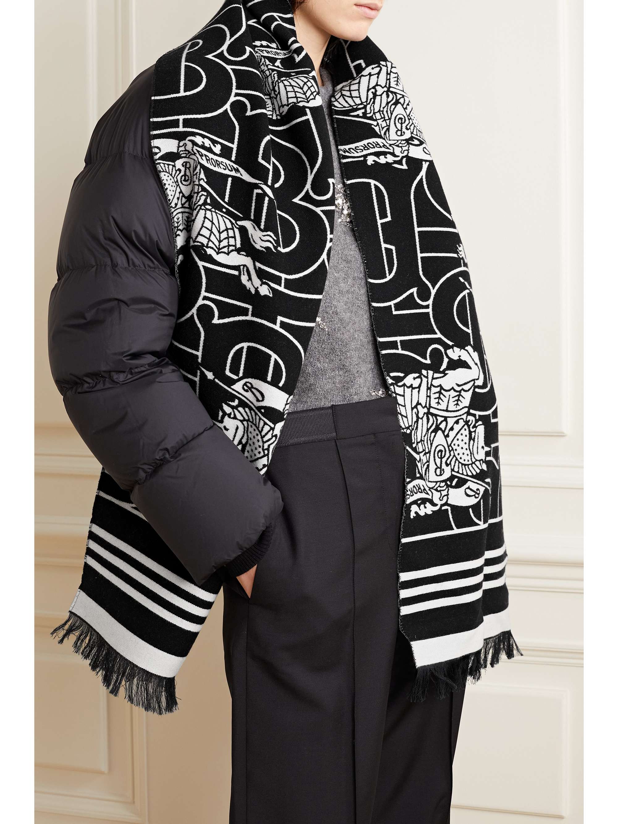 BURBERRY Jacquard-knit wool and silk-blend twill scarf