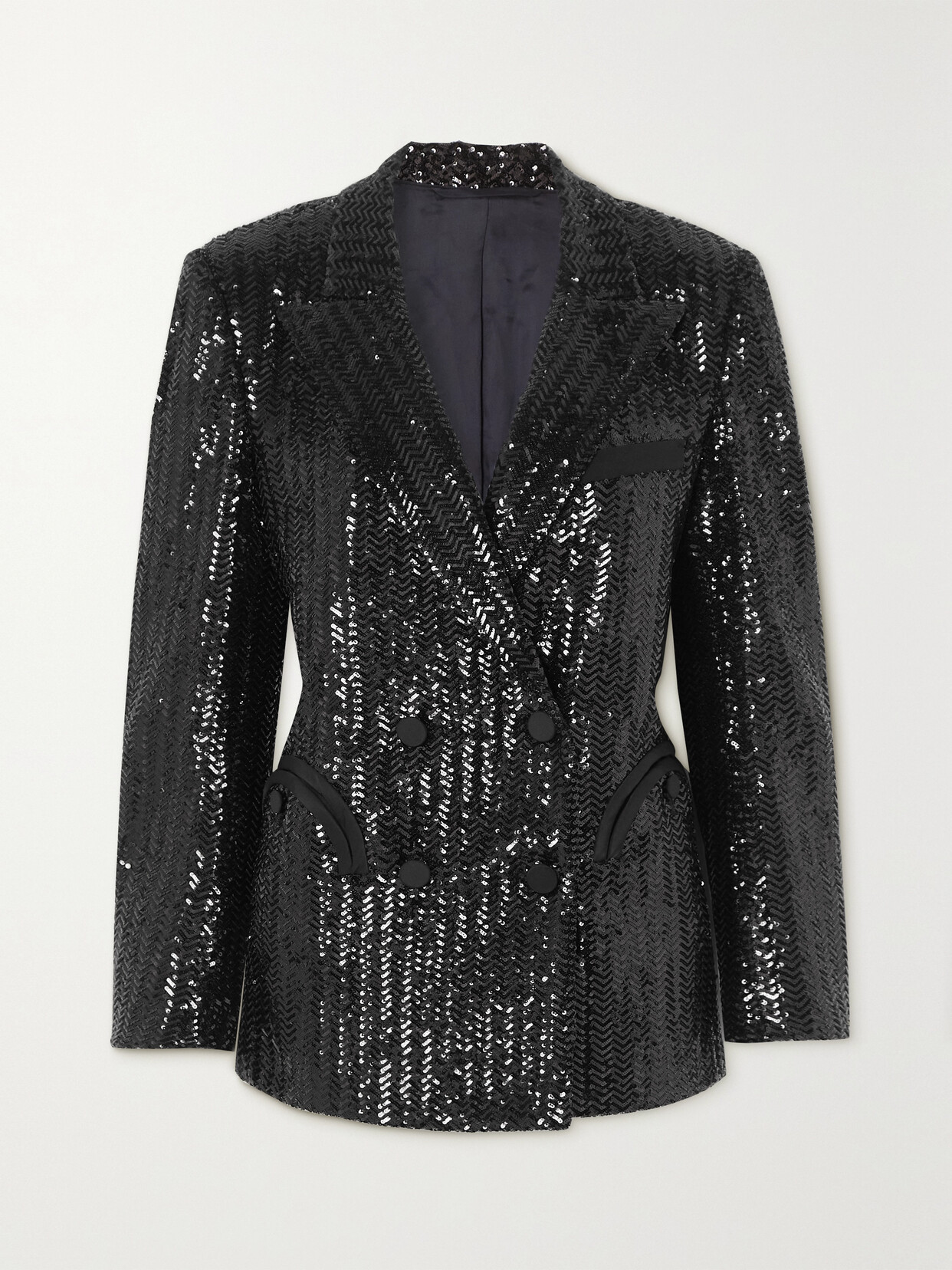 Blazé Milano - All About You Everynight Double-breasted Silk Twill-trimmed Sequined Crepe Blazer - Black