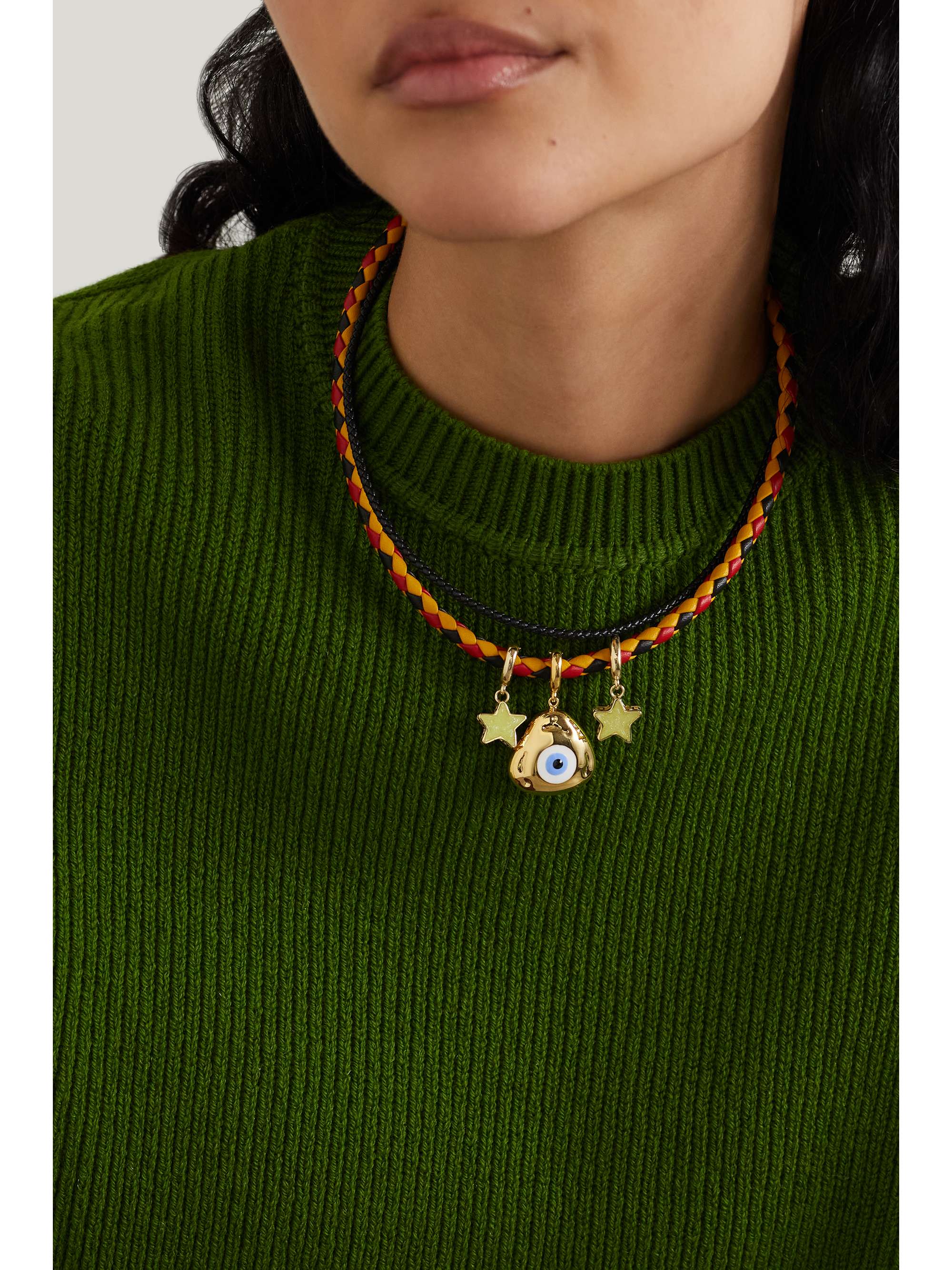 LAUREN RUBINSKI 14-karat gold, enamel and leather necklace