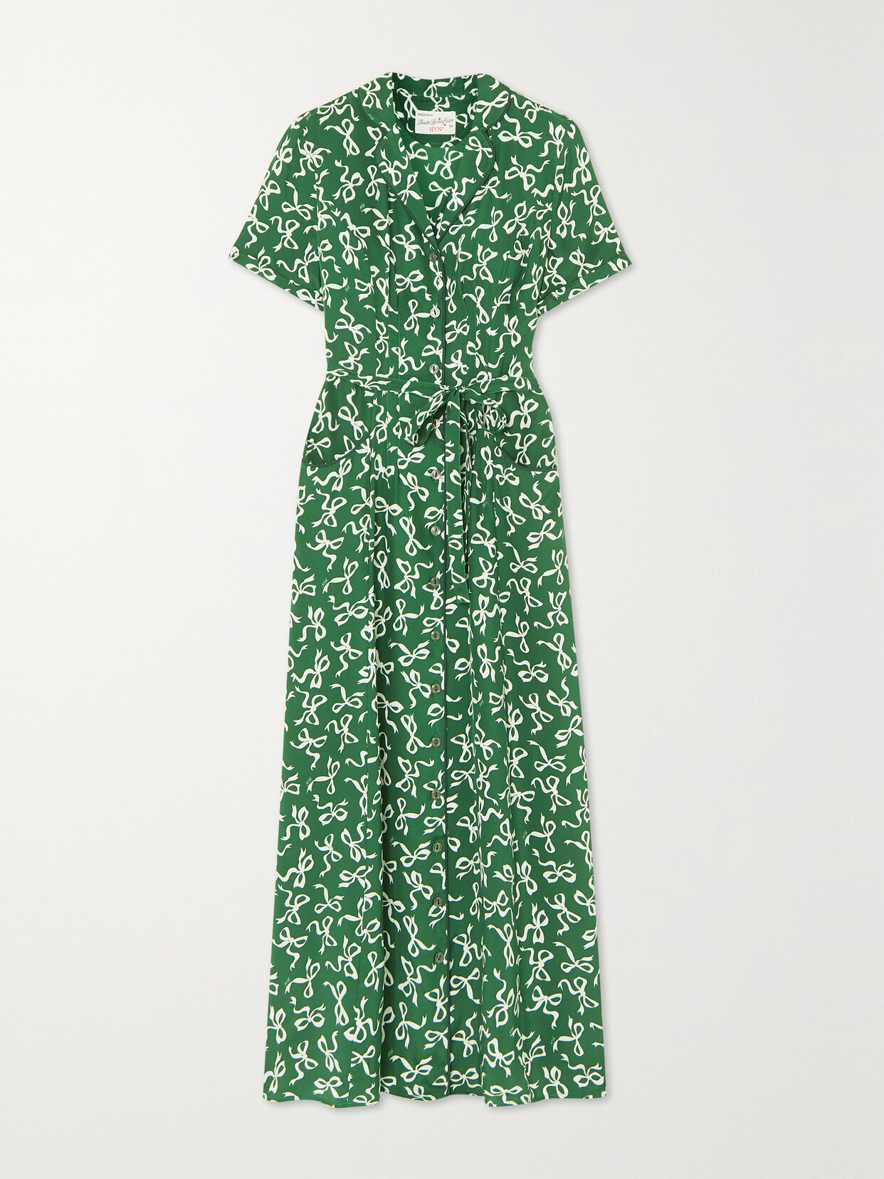 HVN Maria Belted Printed Silk Crepe De Chine Midi Dress - Green