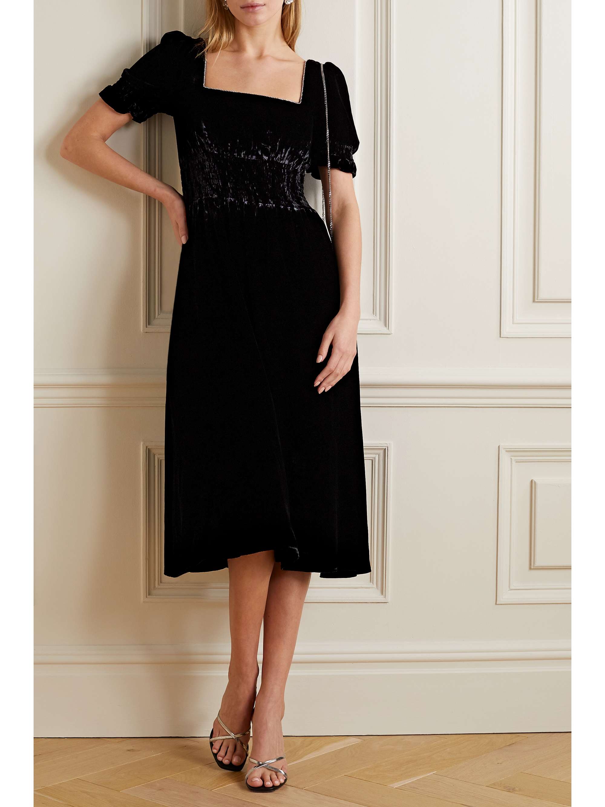 HVN Holland crystal-embellished gathered velvet midi dress | NET-A-PORTER