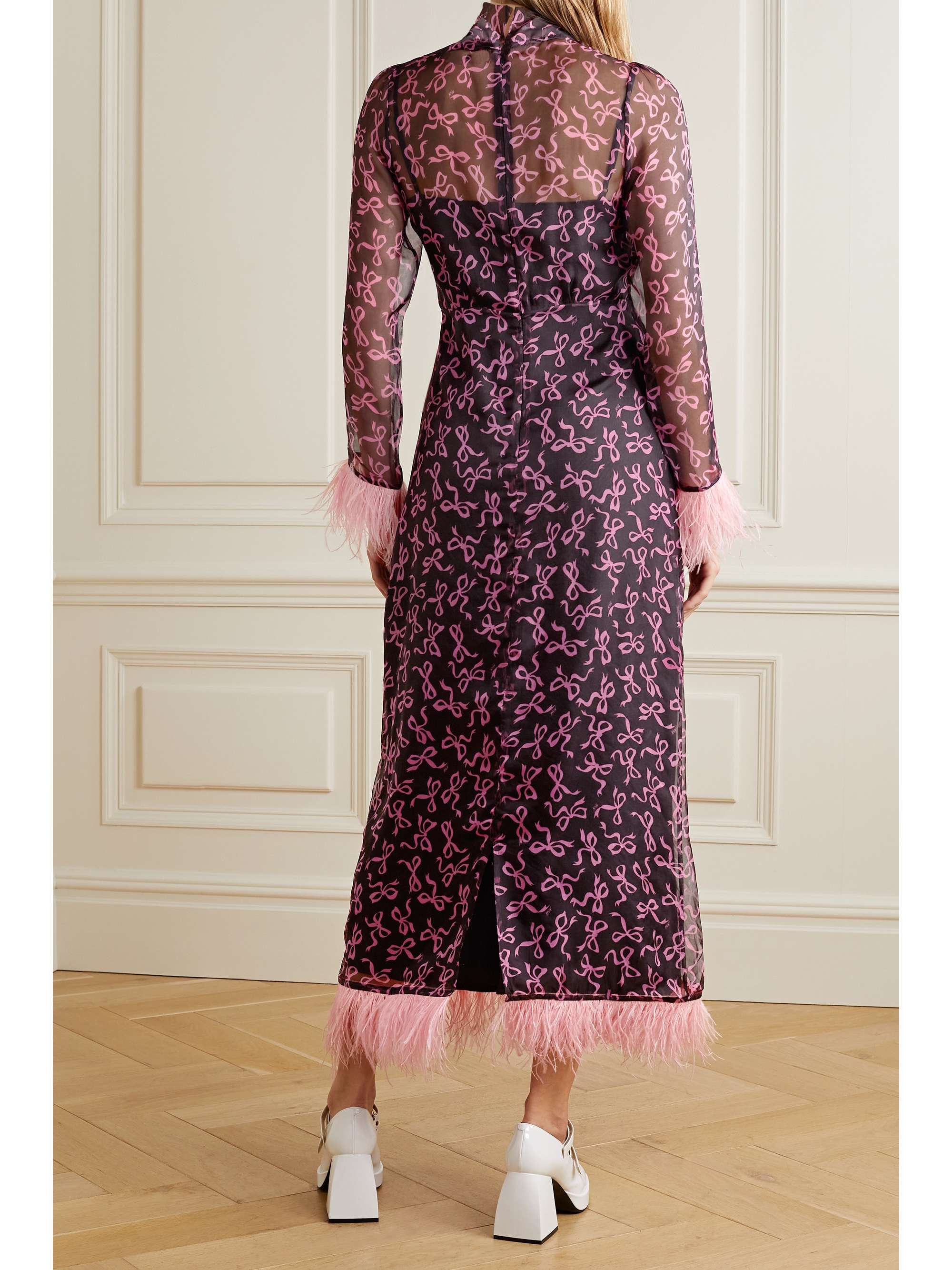 HVN Elisa feather-trimmed printed silk-chiffon midi dress